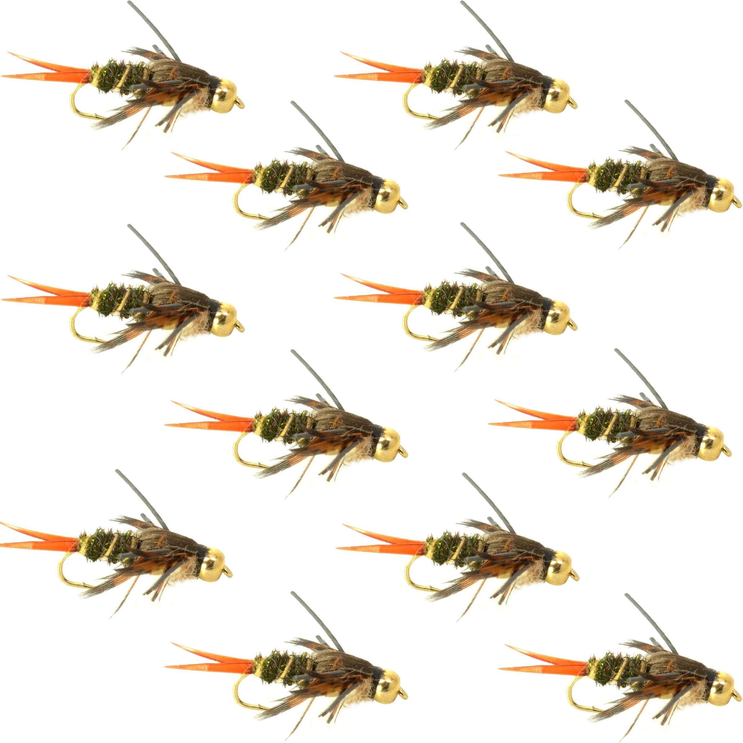 Moscas de pesca con mosca ninfa de 20 pulgadas y doble cuenta - 1 docena de moscas, tamaño de anzuelo 8