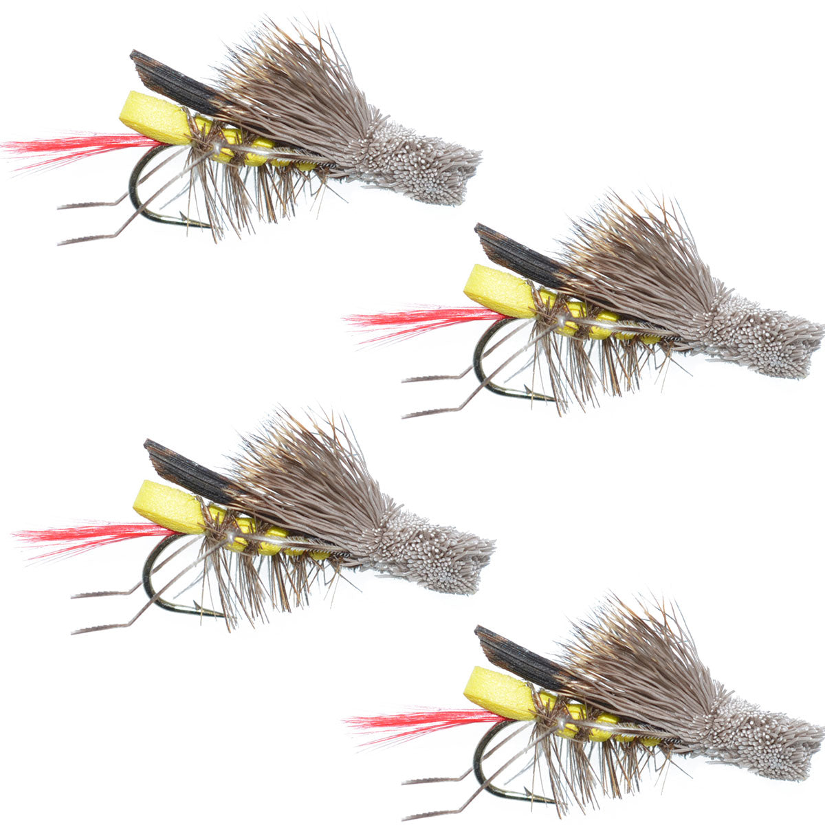 Paquete de 4 moscas saltamontes con cuerpo de espuma amarilla Dave's Hopper - Anzuelo tamaño 12