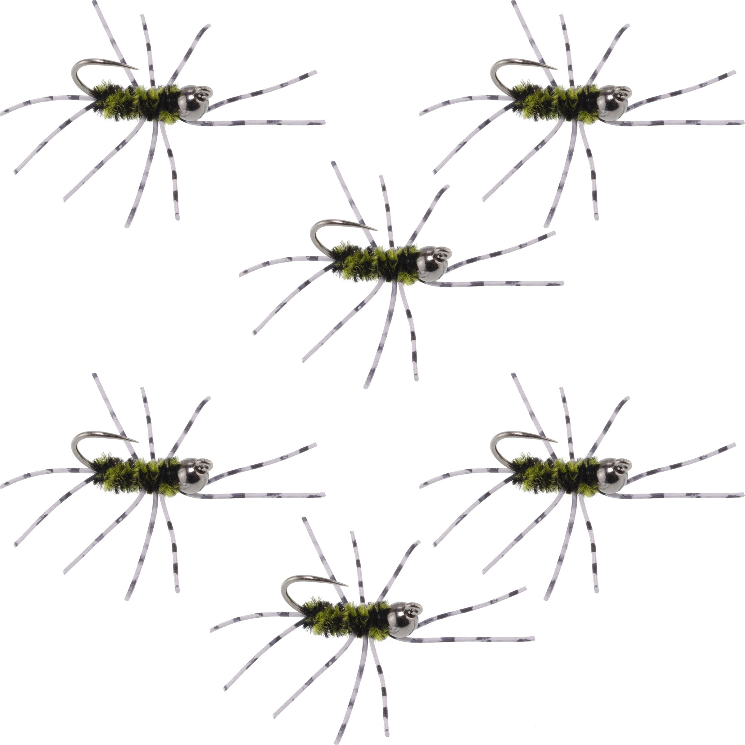 Barbless Pat's Barred Rubber Legs Tungsten Bead Jigged Black/Olive Euro Nymph - Set of 6 Flies Hook Size 6