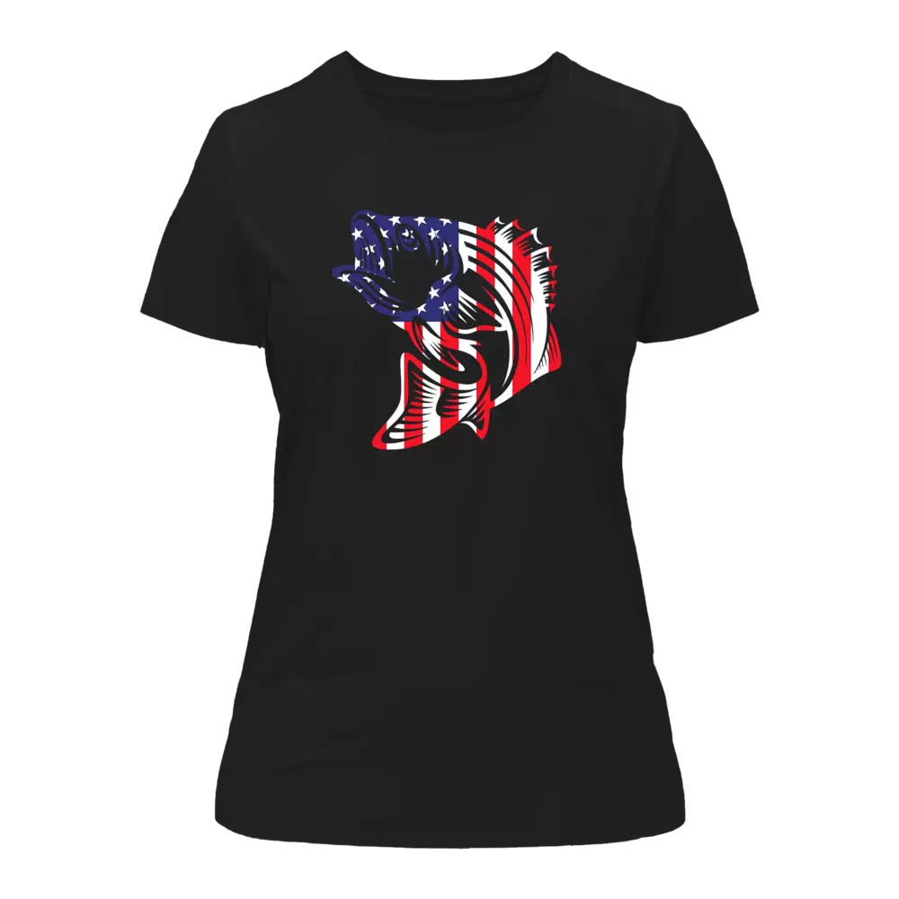 Camiseta con pez y bandera estadounidense para mujer