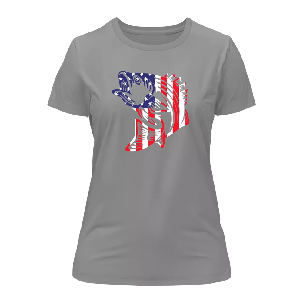 Camiseta con pez y bandera estadounidense para mujer