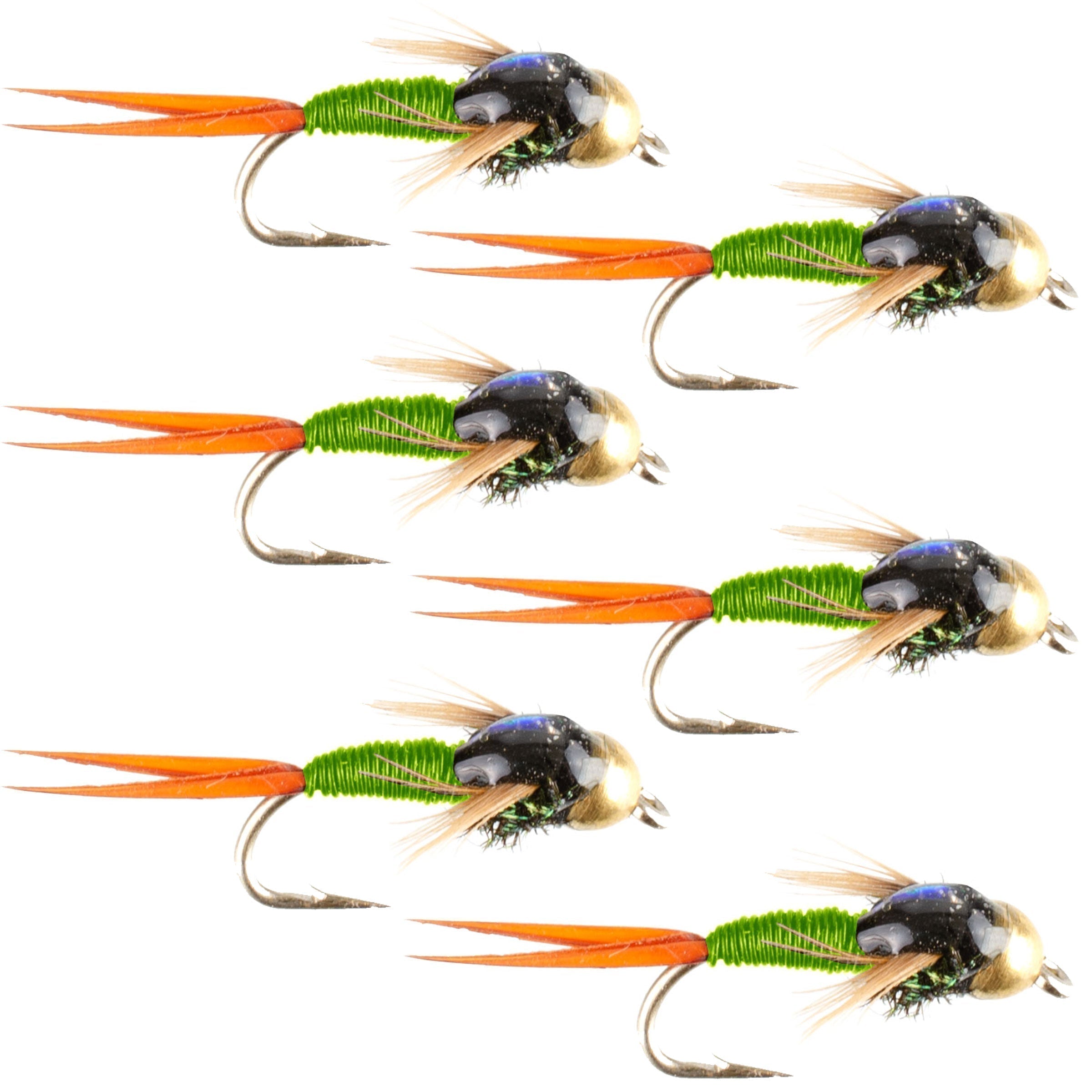 Moscas de pesca con mosca John Nymph de cobre color chartreuse con cabeza de bola de tungsteno - Juego de 6 moscas, tamaño de anzuelo 18