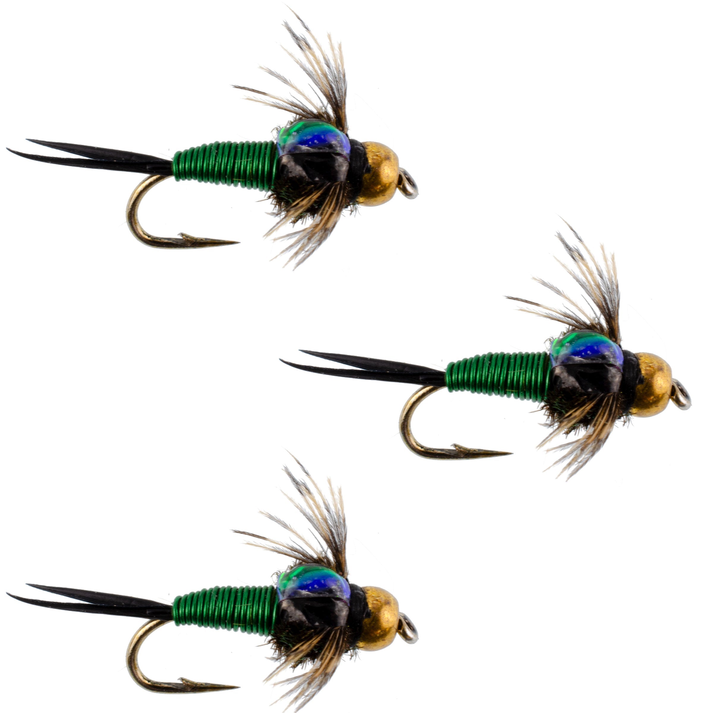 3 Pack Bead Head Green Copper John Nymph Fly Fishing Flies - Hook Size 18