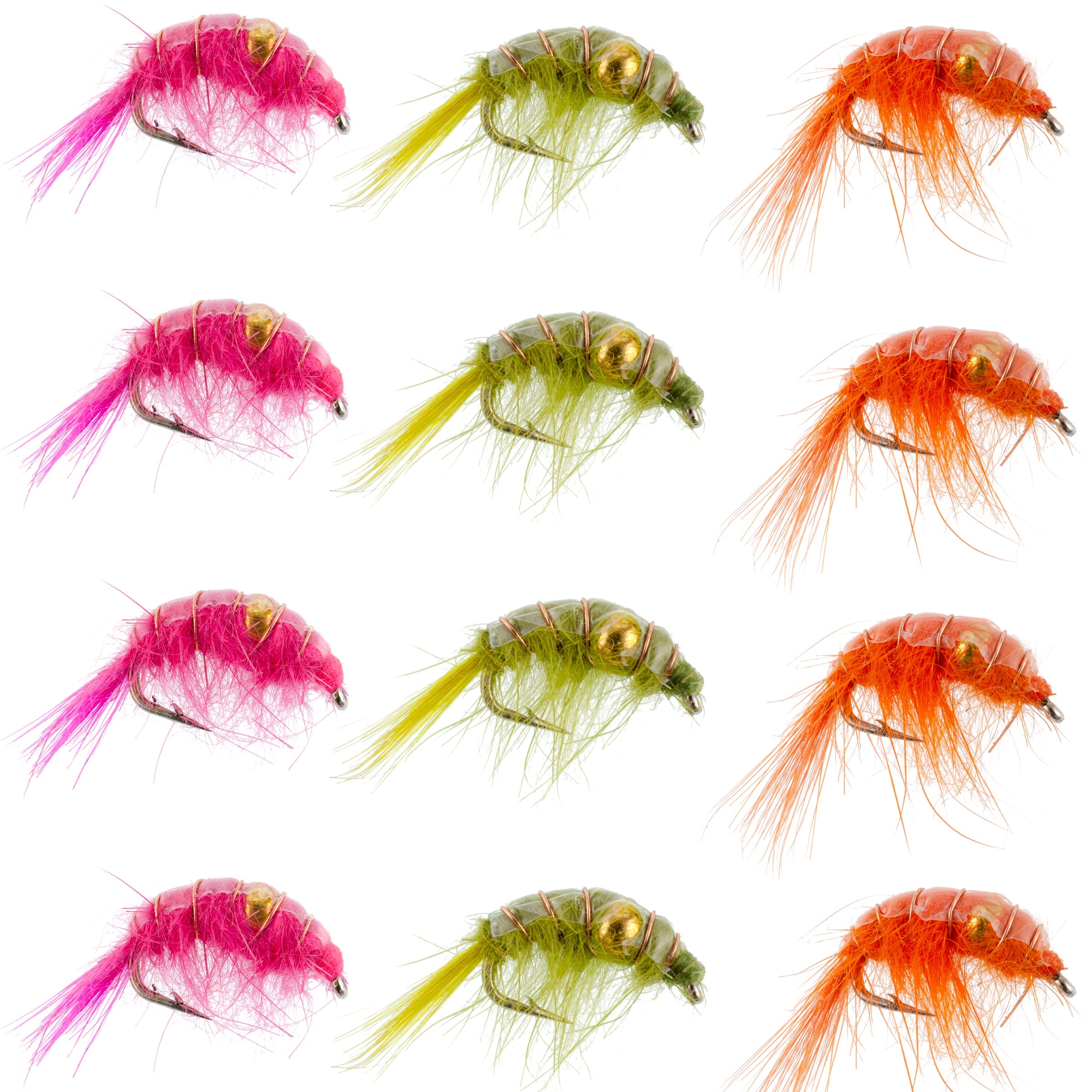Surtido de moscas de camarón con cuentas - 1 docena - 4 de cada uno de los 3 patrones, tamaño 12 - Colección de moscas para pesca con mosca del lago Tailwater