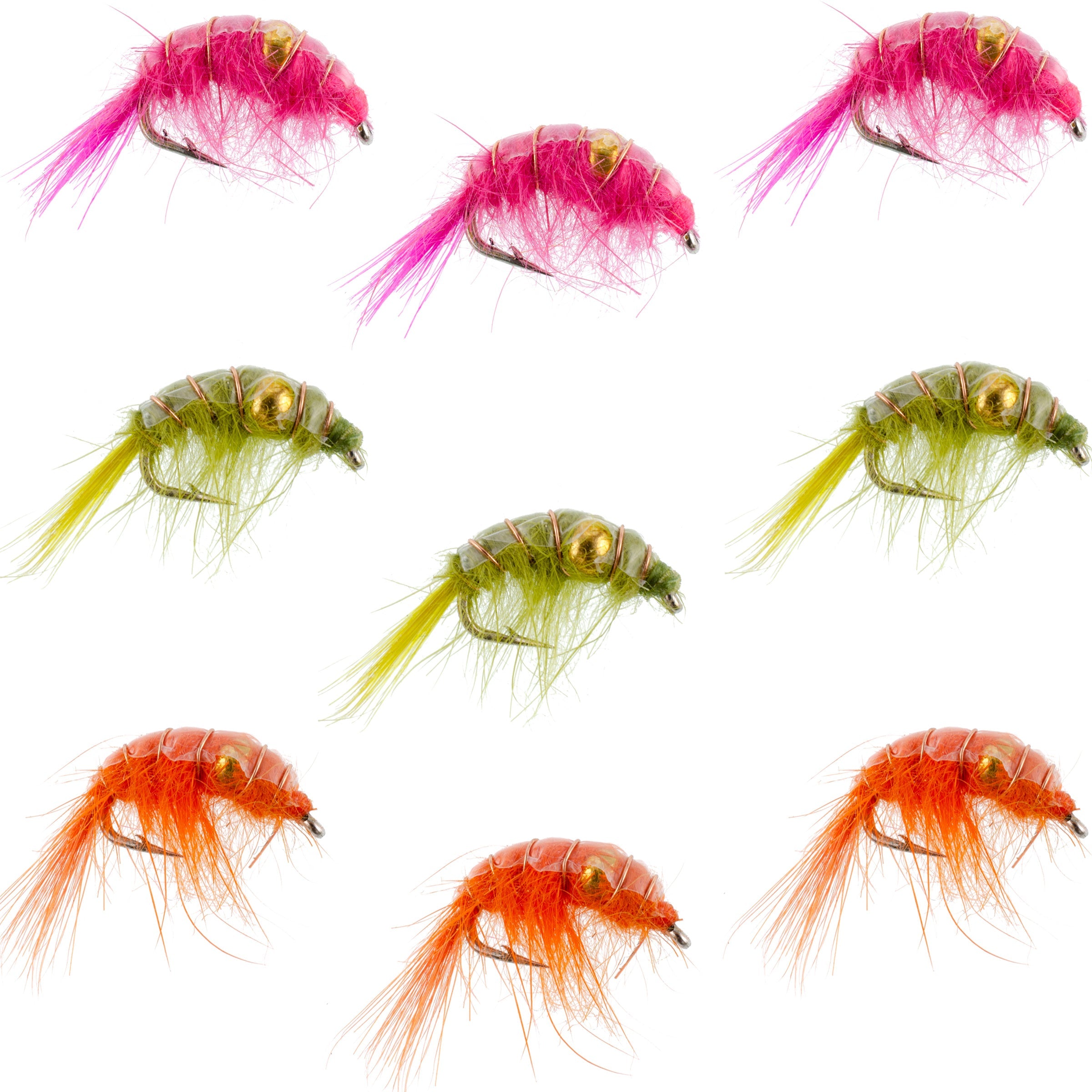 Surtido de moscas de camarón con cuentas - 9 moscas - 3 de cada uno de los 3 patrones, tamaño 12 - Colección de moscas para pesca con mosca en el lago Tailwater