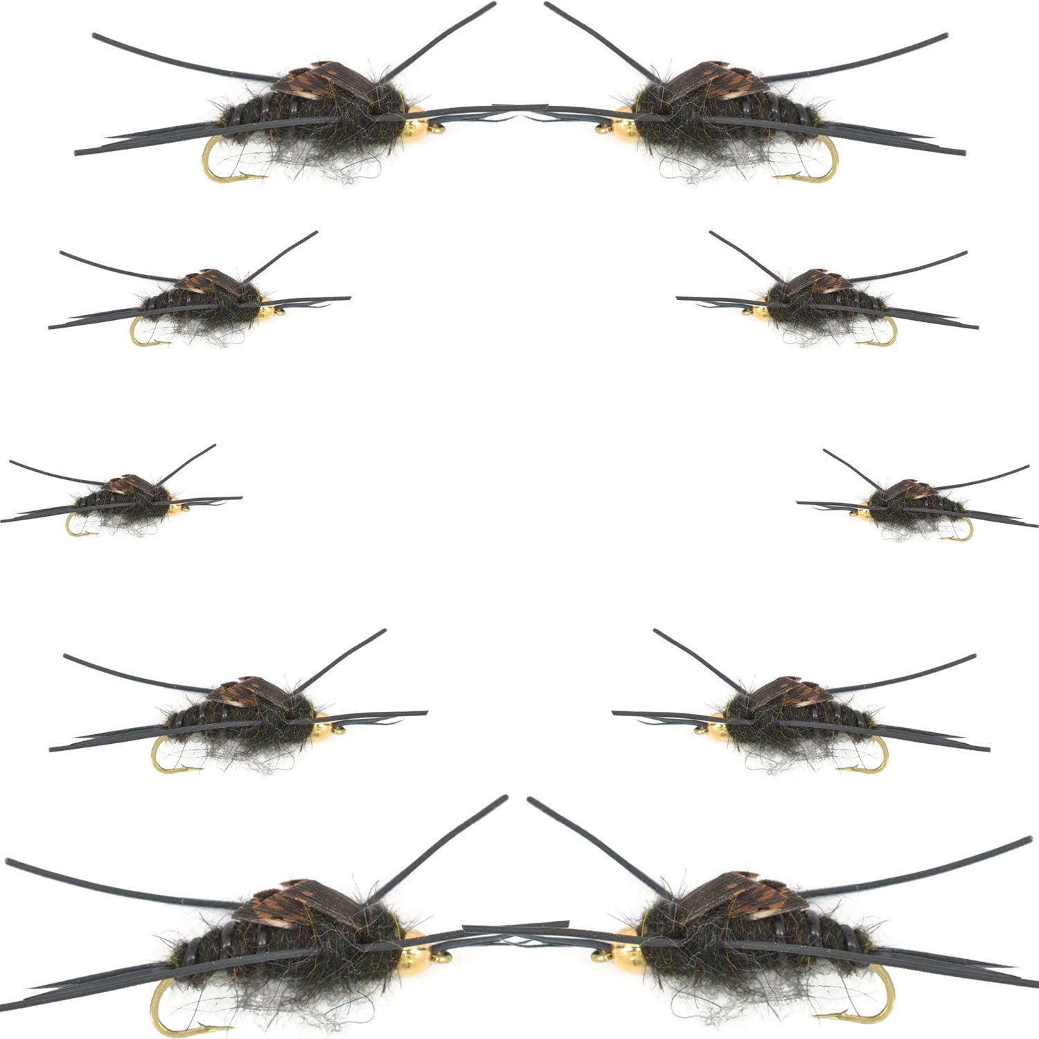 Colección Basics - Surtido de ninfas de mosca de piedra negra de Kaufmann - 10 moscas húmedas con cabeza de bola y patas de goma - 2 anzuelos de cada tamaño: 4, 6, 8, 10 y 12