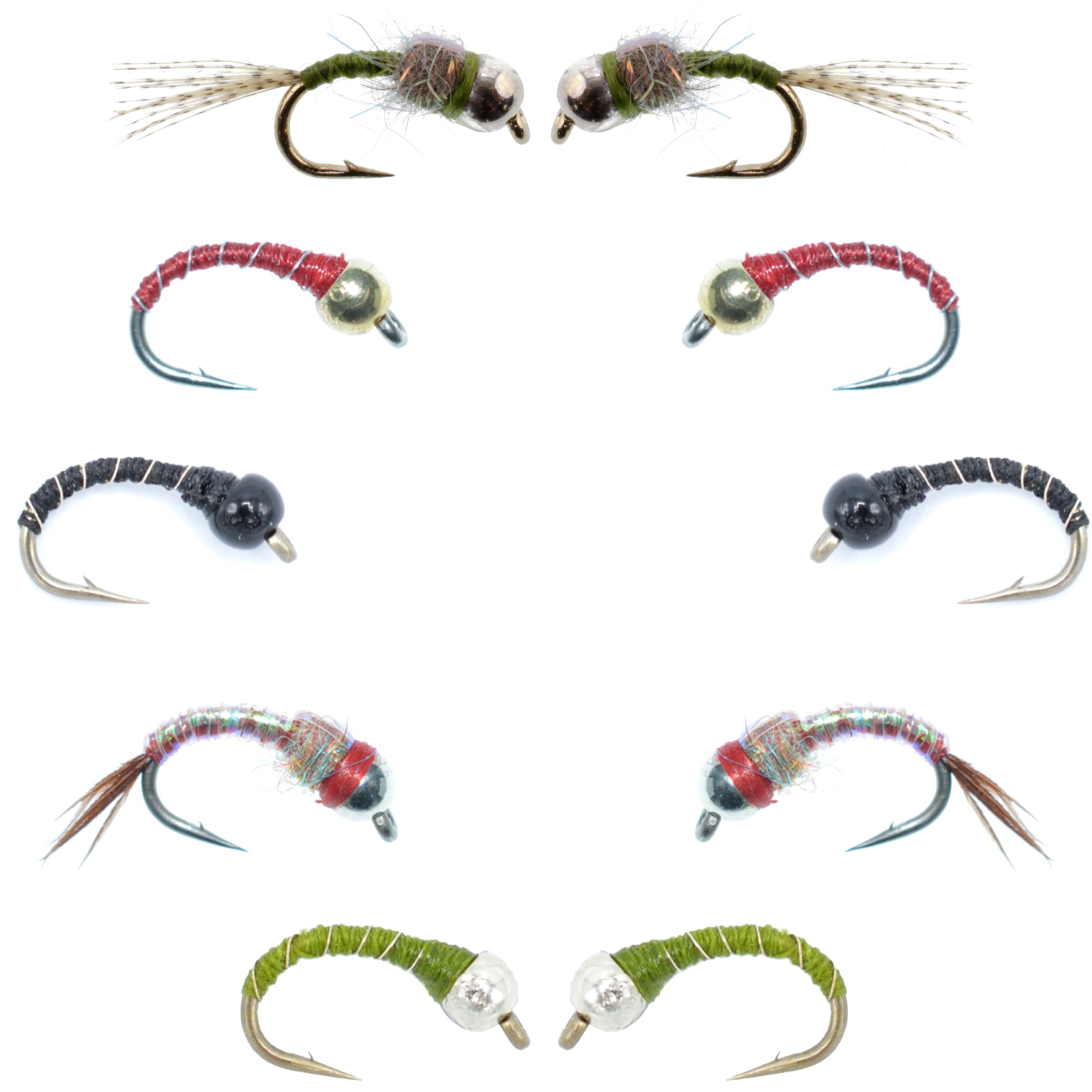 Colección Básica - Surtido de Ninfas Midge con Cabeza de Cuenta Esencial - 10 Moscas Húmedas - 5 Patrones - Tamaños de Anzuelo 14, 16 y 18