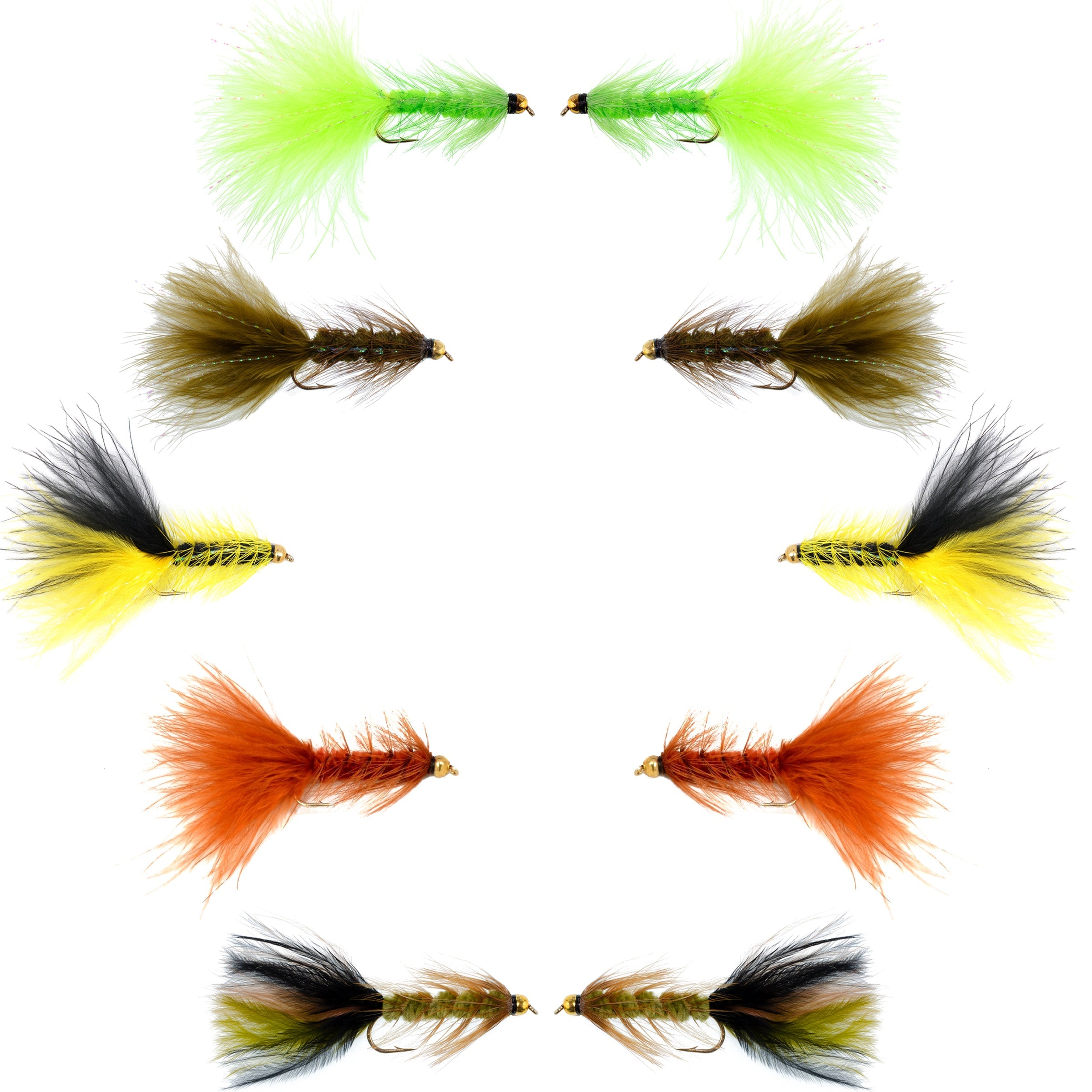 Colección Basics - Surtido Crystal Woolly Bugger - 10 moscas húmedas con cabeza de cuentas - 5 patrones - Tamaño de anzuelo 8