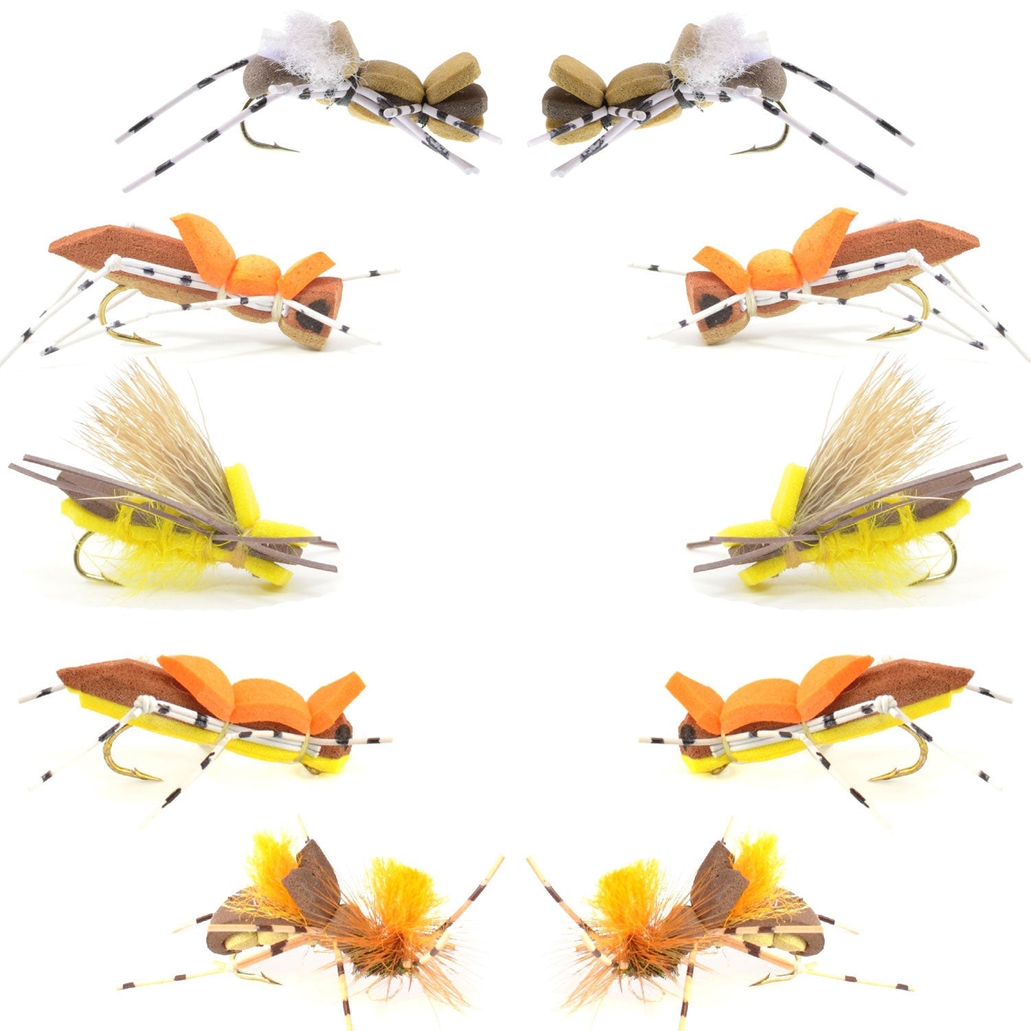 Colección Basics - Surtido de moscas secas de espuma Hoppers - 10 moscas secas de saltamontes para pesca - 5 patrones - Anzuelo tamaño 10