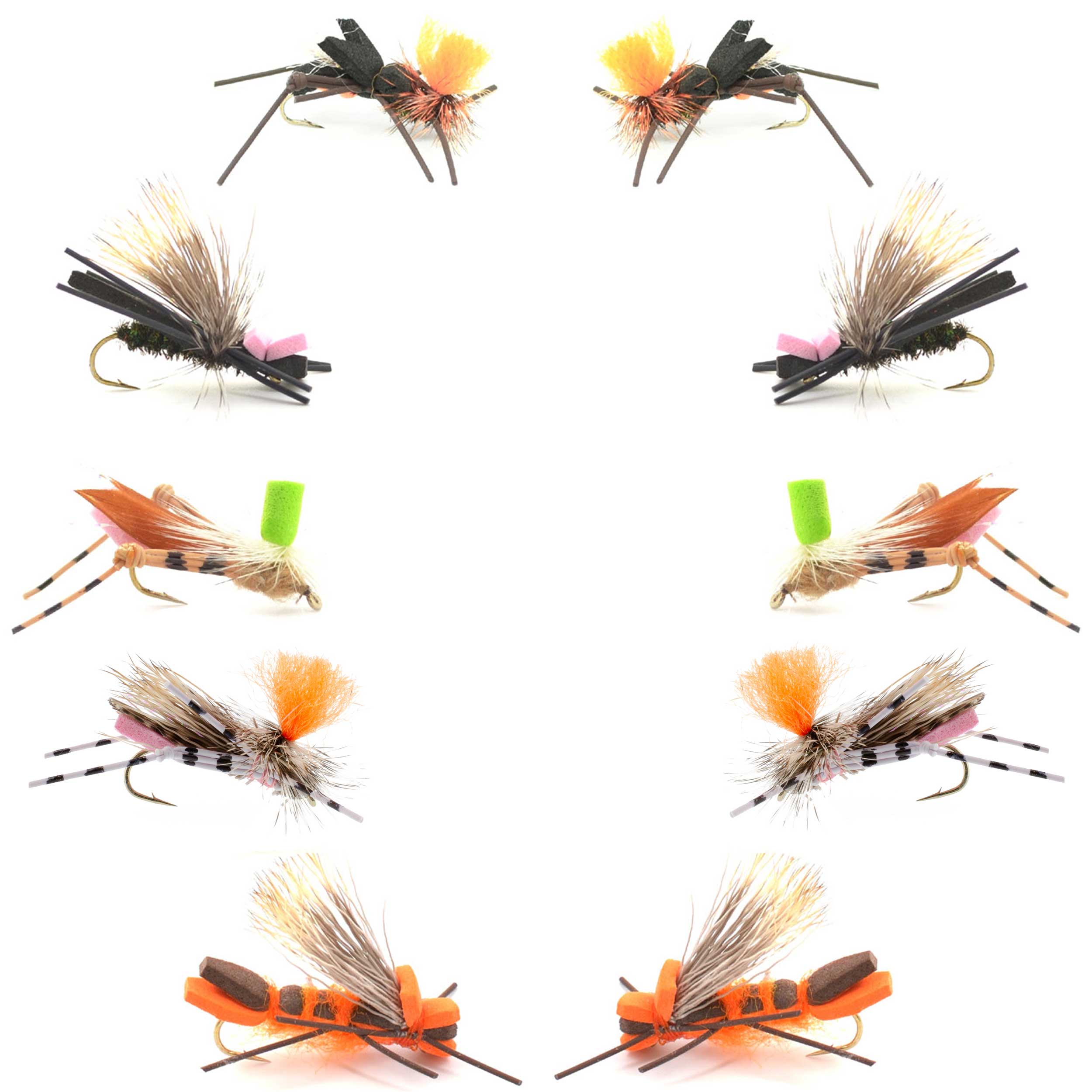 Colección Básica - Surtido de Moscas Secas de Espuma Hoppers n.° 2 - 10 Moscas de Saltamontes para Pesca Seca - 5 Patrones - Anzuelos de Tamaño 10
