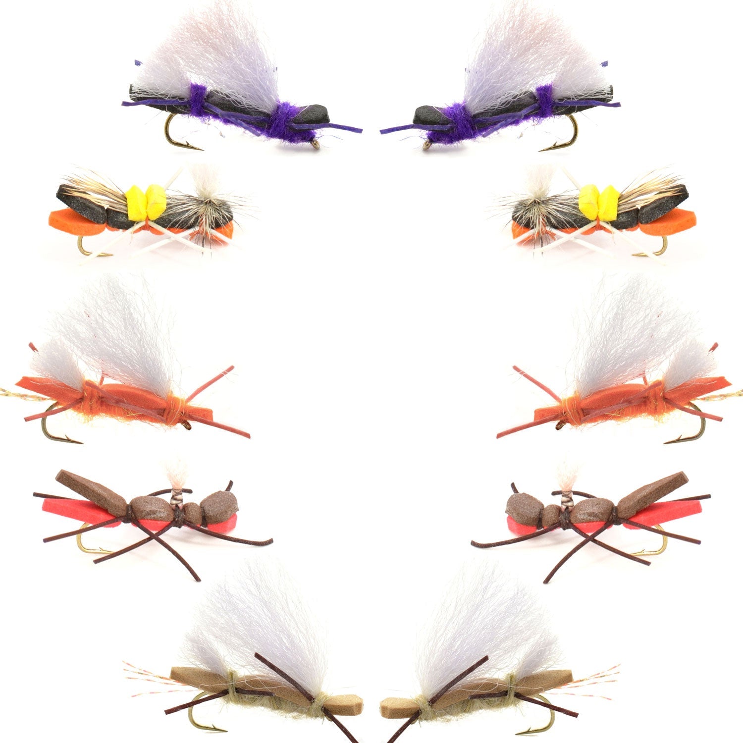 Colección Básica - Surtido de Moscas Secas de Espuma Chernobyl Ant - 10 Moscas Saltamontes para Pesca - 5 Patrones - Anzuelos Tamaño 10