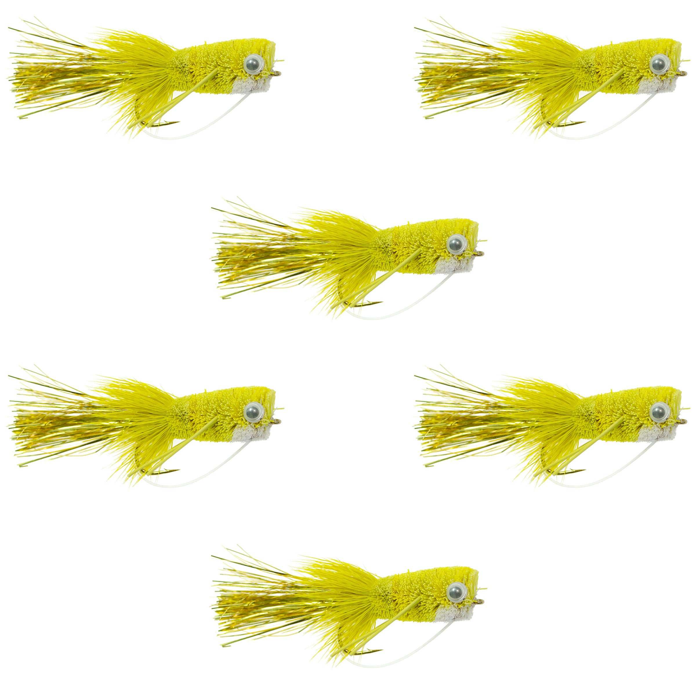 Flashtail Bass Popper 6 Flies Size 8 - Yellow Bass Fly Fishing Bug Wide Gape Bass Hooks With Weed Guard