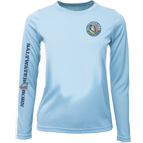 Key West, FL Saltwater Born Circle Logo Girl's Long Sleeve UPF 50+ Dry-Fit Shirt