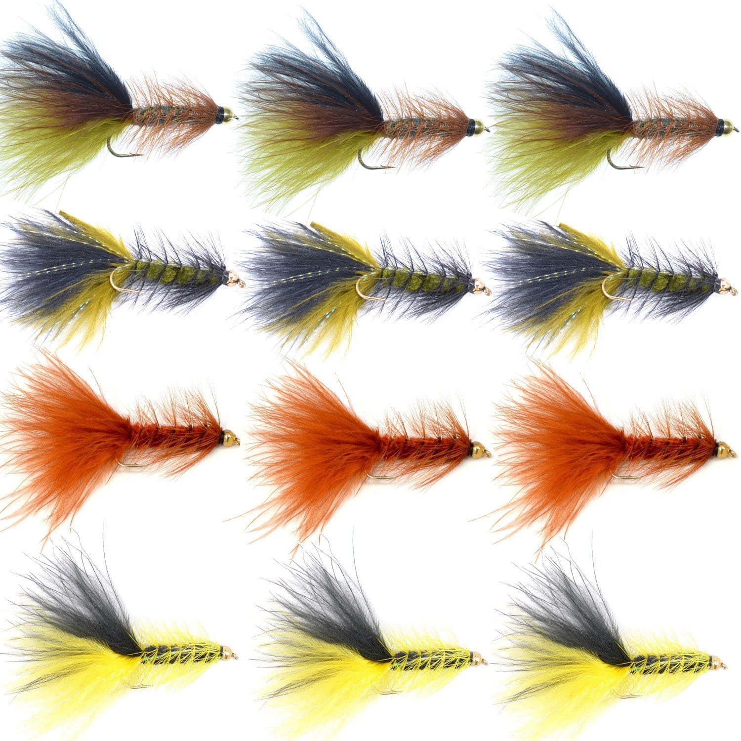 Moscas de streamer Bead Head Crystal Woolly Bugger - Juego de 12 moscas para lubina y trucha - Anzuelo tamaño 4