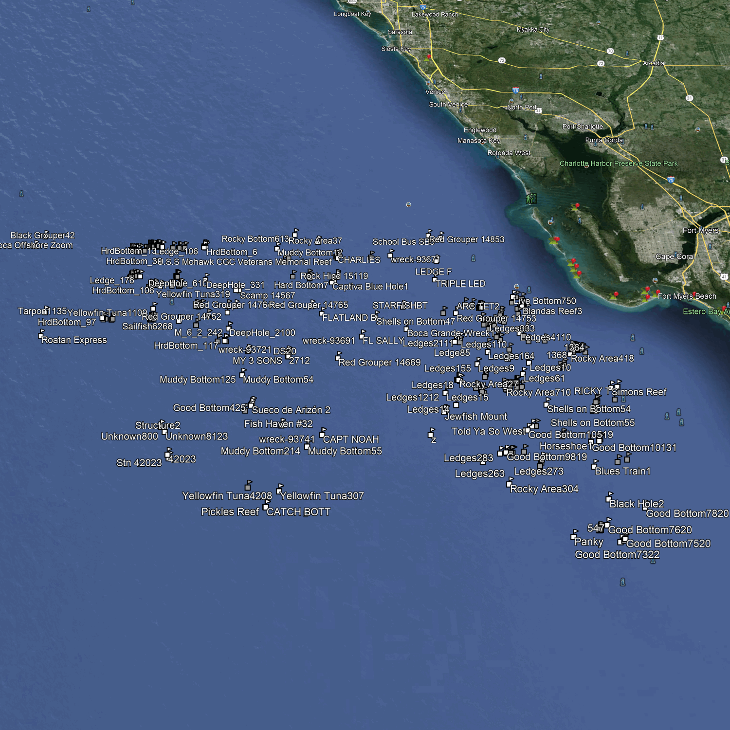 Lieux de pêche à Cape Coral et Naples - Numéros de pêche en haute mer