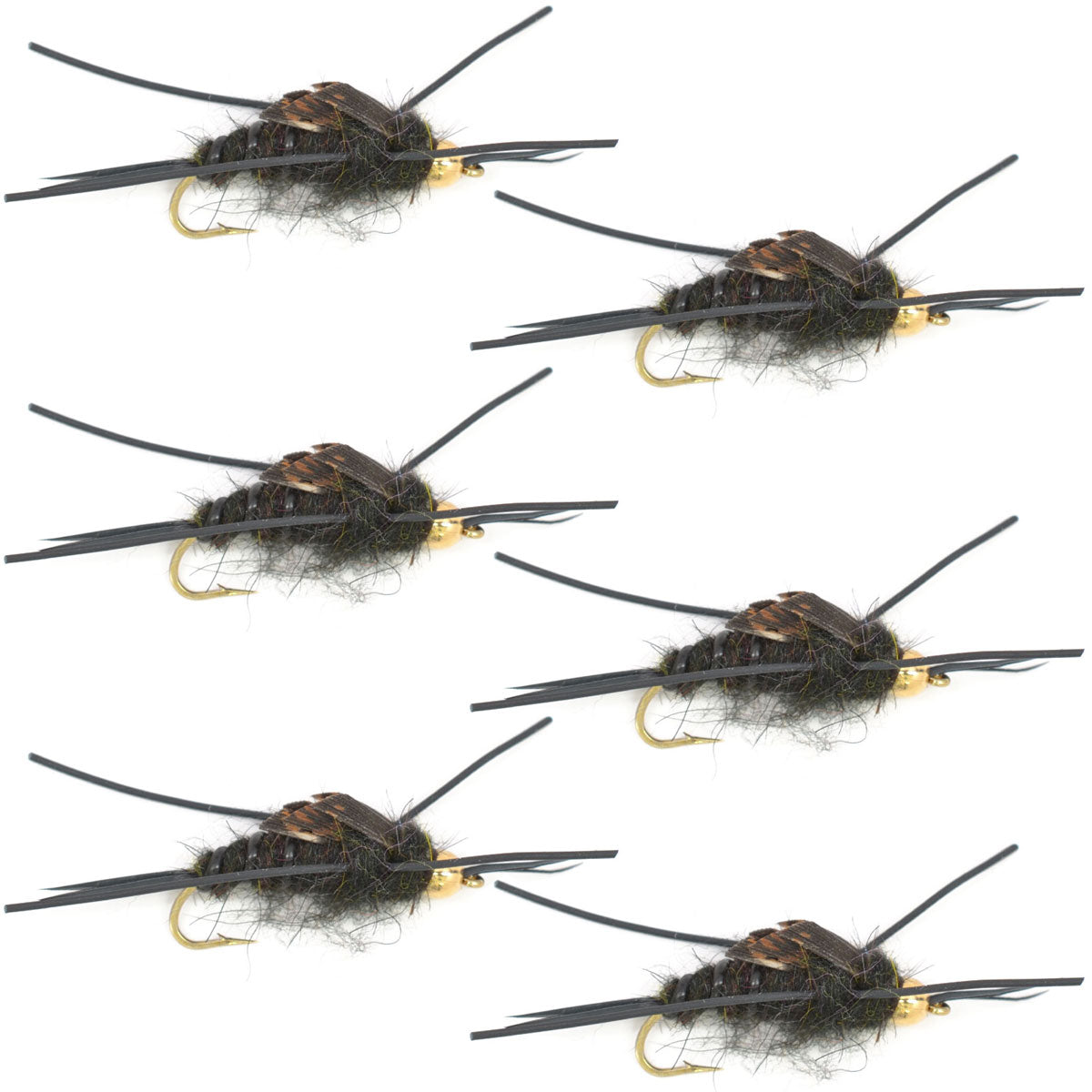 Mosca de piedra negra Kaufmann con patas de goma y cuentas de tungsteno - Mosca húmeda Stonefly - 6 moscas, anzuelo tamaño 4
