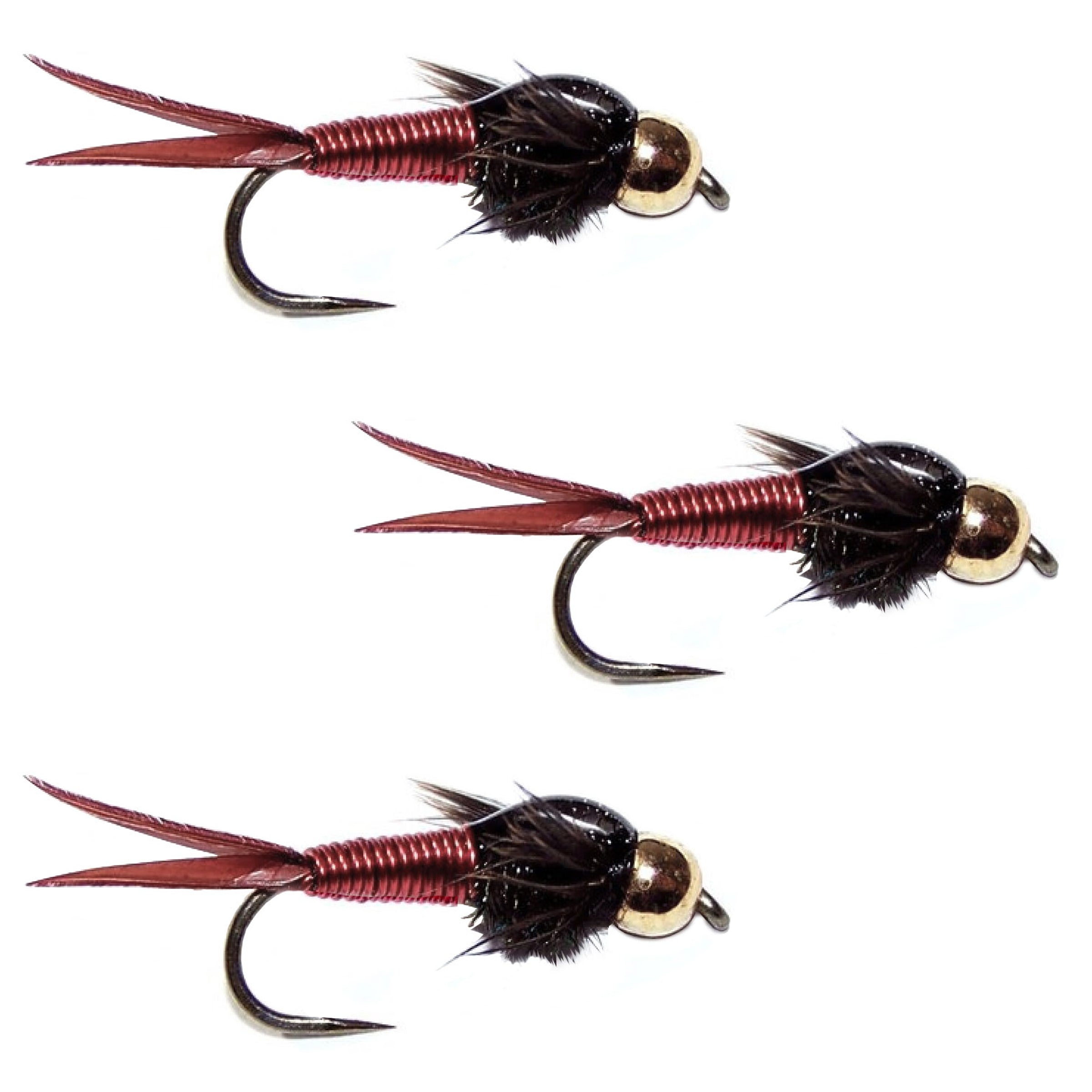 3 Pack Barbless Bead Head Red Copper John Nymph Fly Fishing Flies - Hook Size 12