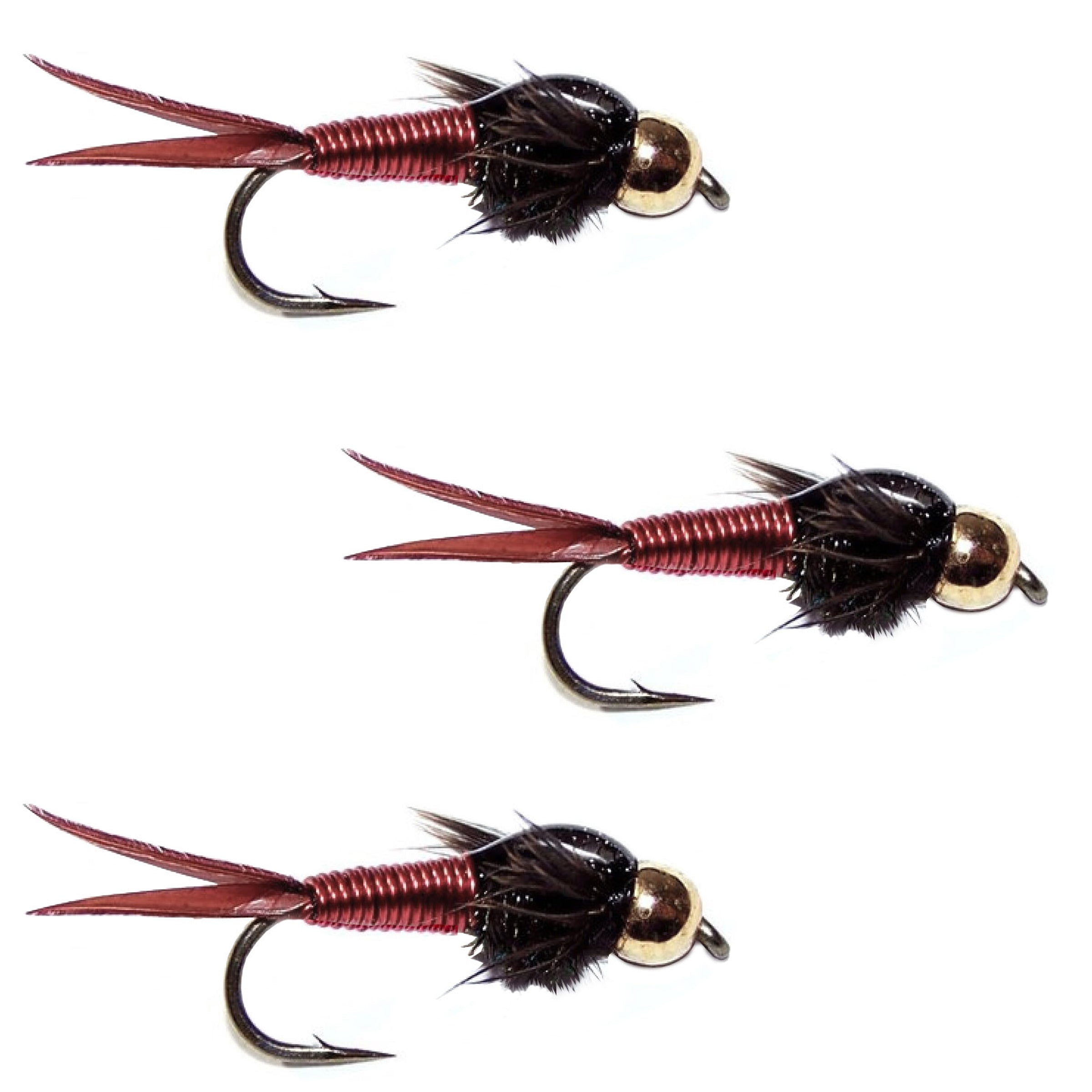 3 Pack Bead Head Red Copper John Nymph Fly Fishing Flies - Hook Size 12