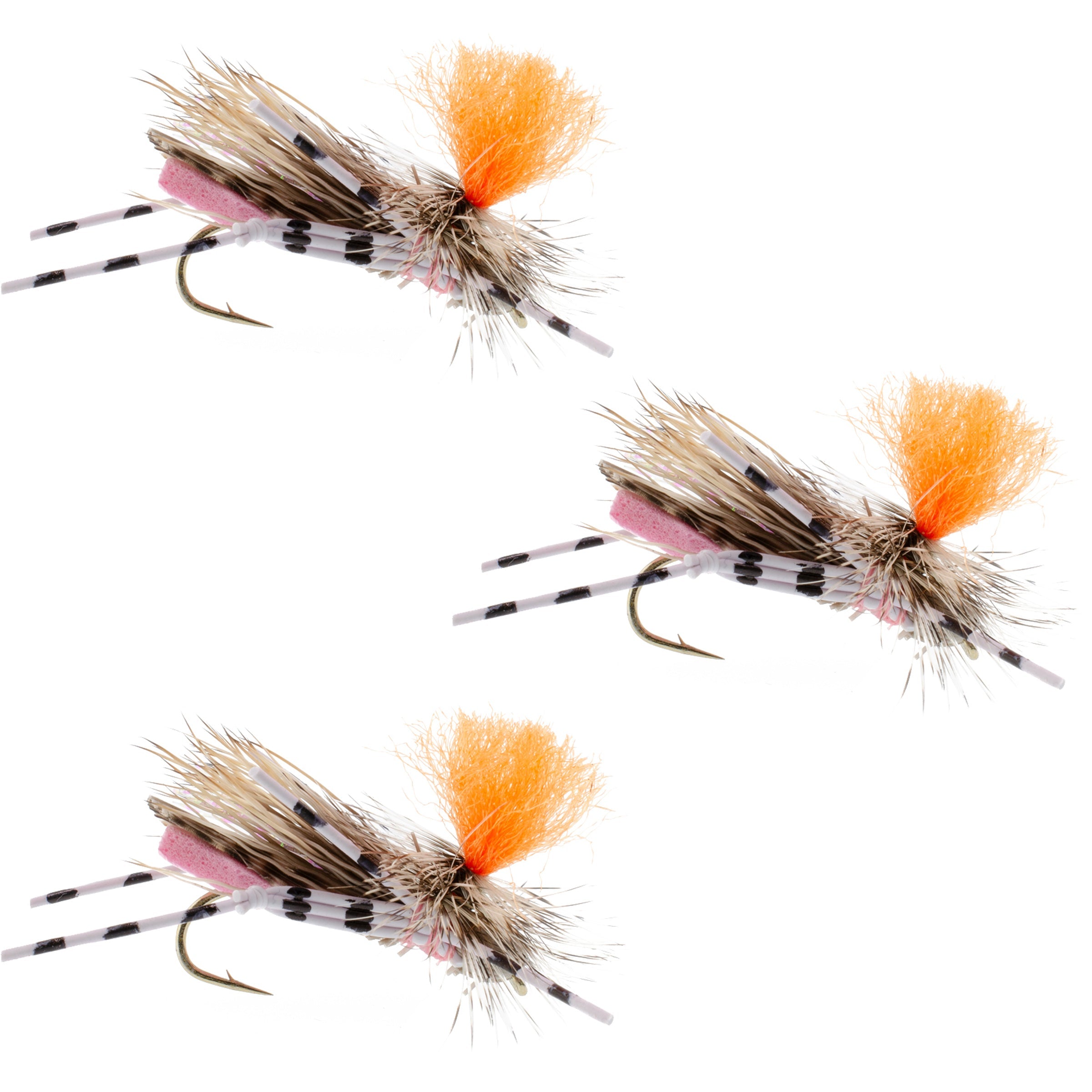 Paquete de 3 moscas de espuma tipo saltamontes, color rosa, tamaño de anzuelo 10