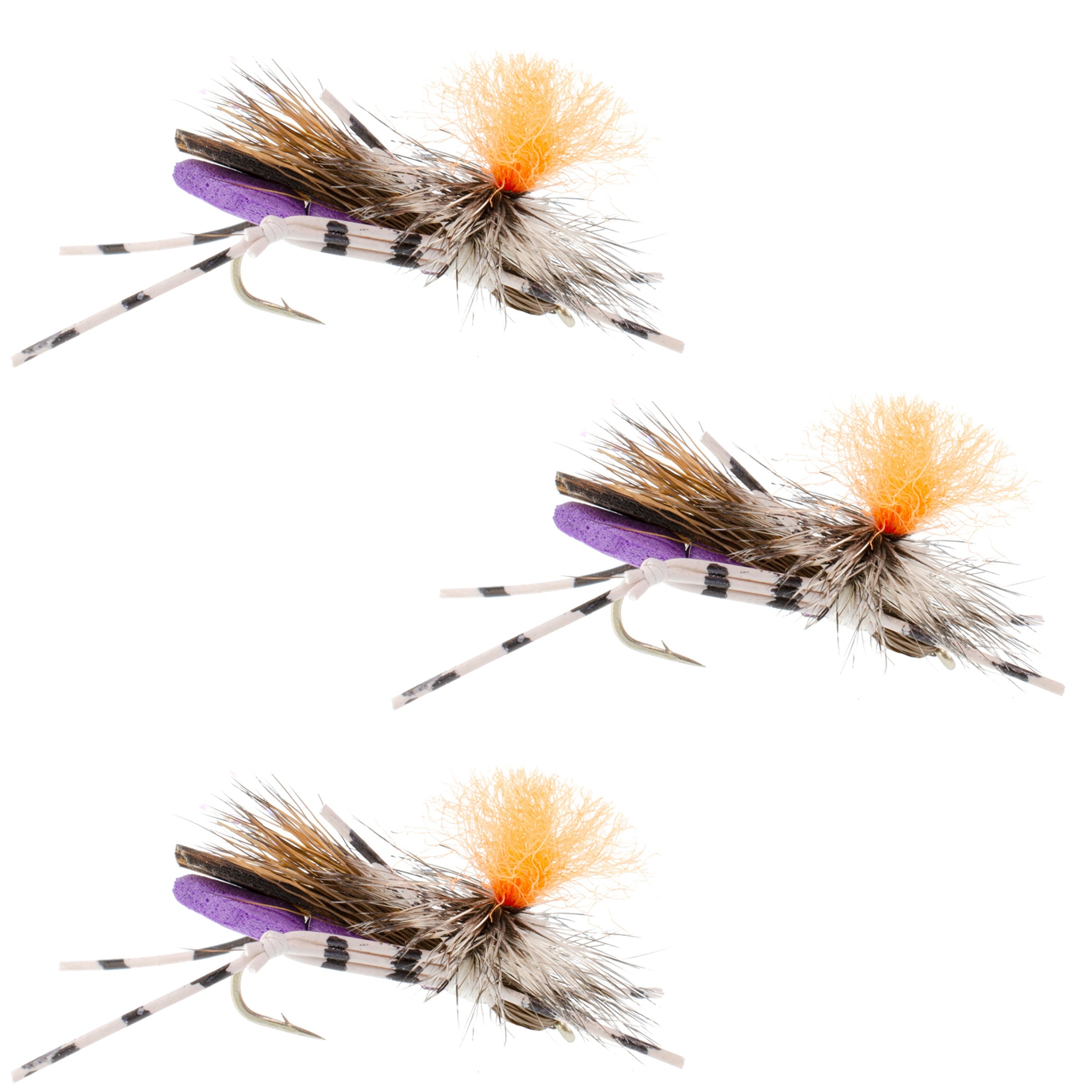Paquete de 3 moscas de espuma tipo saltamontes, color morado, tamaño de anzuelo 10