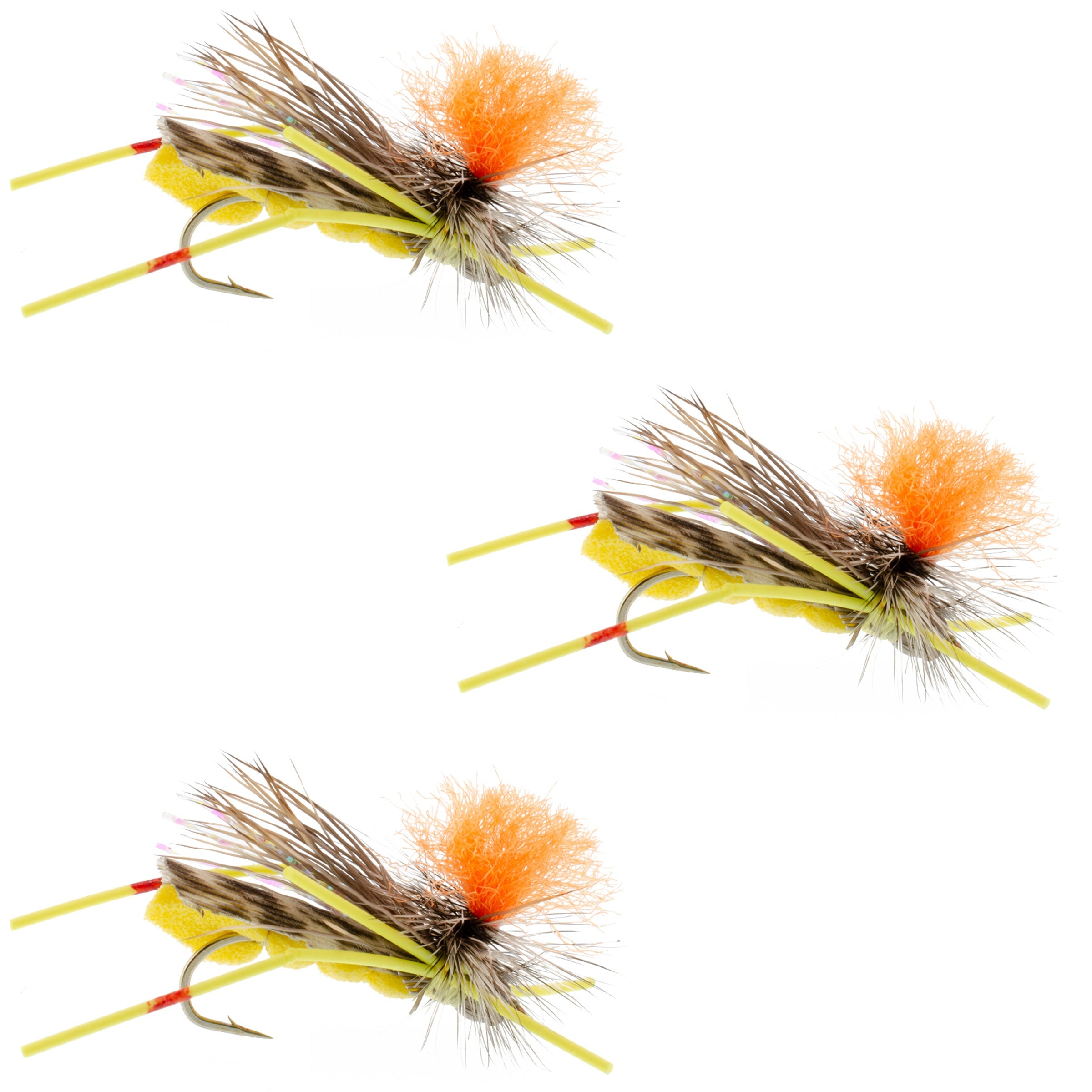 Paquete de 3 moscas de espuma tipo saltamontes amarillas Feth Hopper, tamaño de anzuelo 10