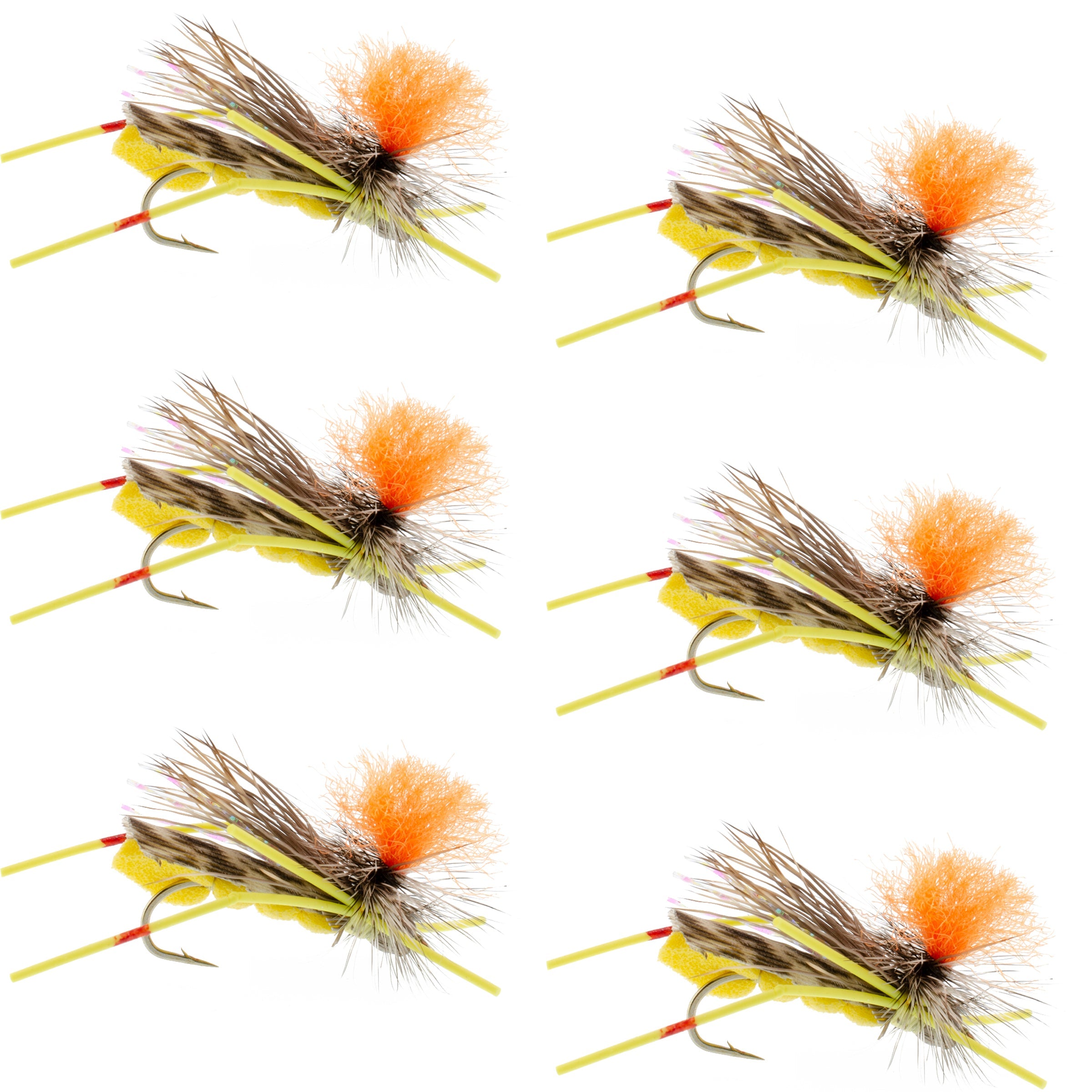 Mosca de espuma amarilla Feth Hopper - Patrón de 6 moscas - Anzuelo tamaño 10