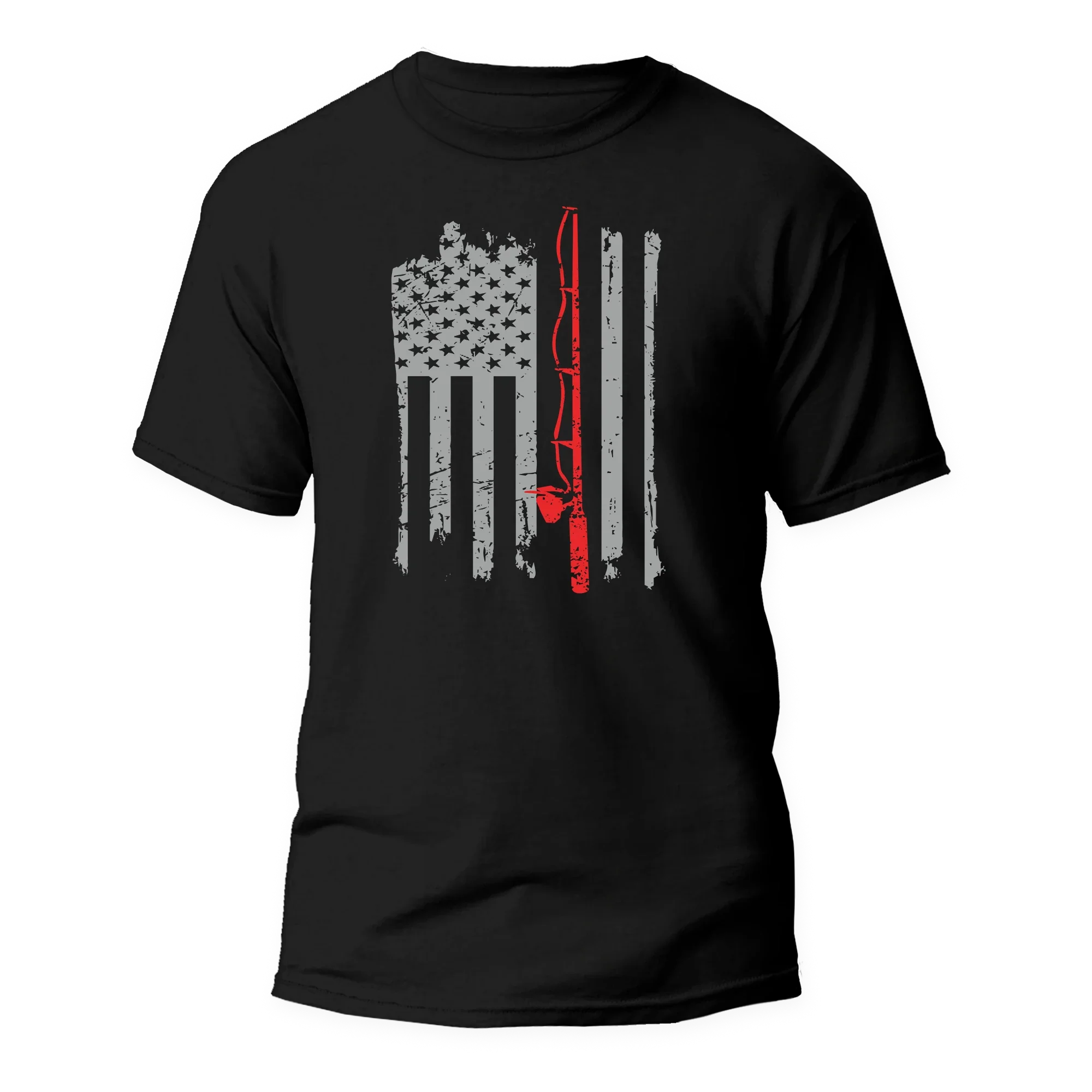 Camiseta unisex con bandera estadounidense y caña de pescar