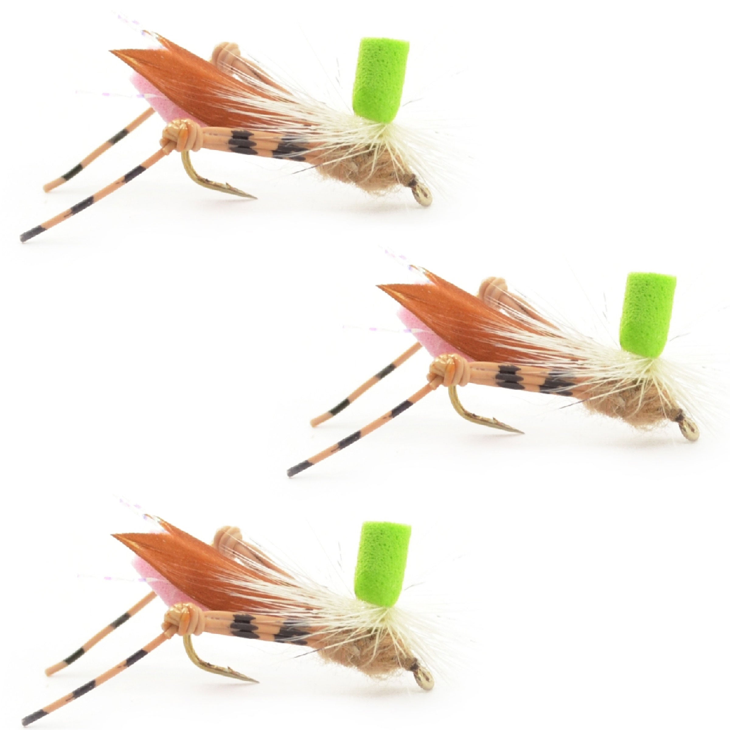 Paquete de 3 moscas saltamontes con cuerpo de espuma y parte superior verde - Anzuelo tamaño 10