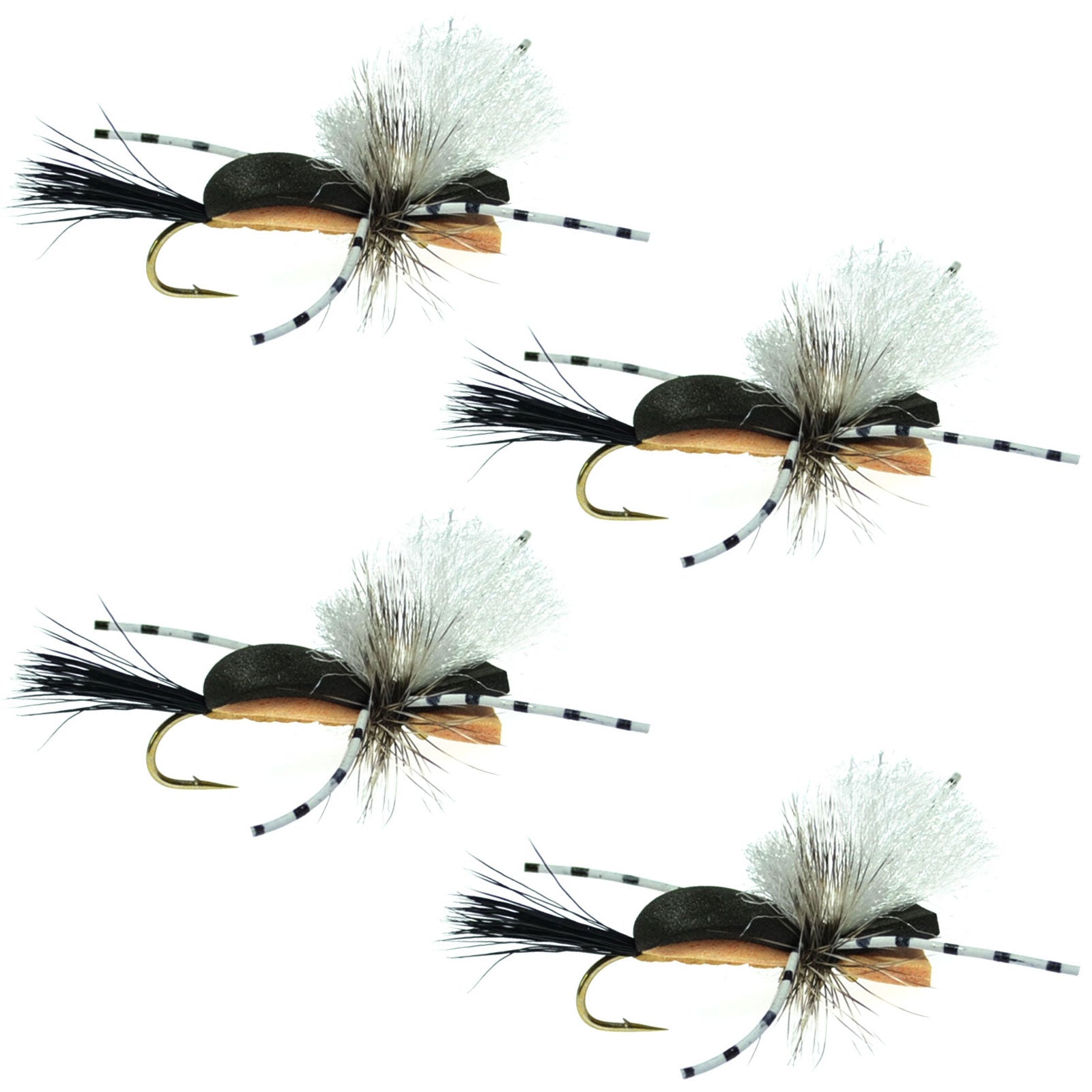 Mosca seca de saltamontes Hippie Stomper con cuerpo de espuma color tostado y negro - 4 moscas, talla 10