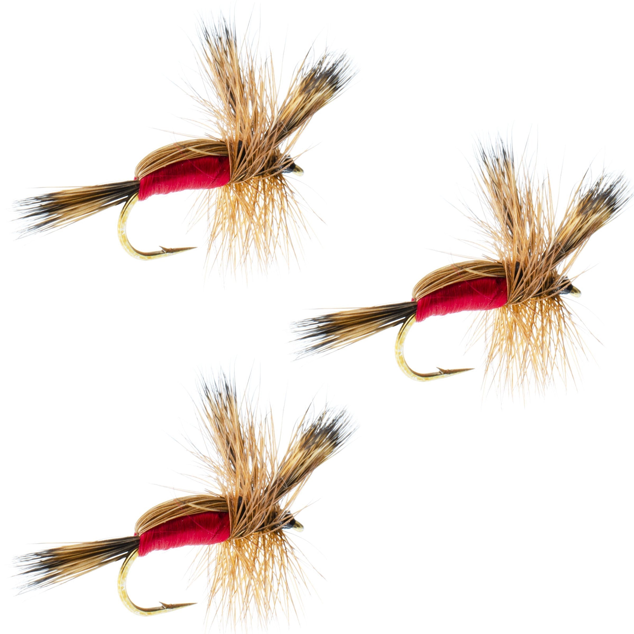 Paquete de 3 moscas secas Red Humpy Classic Hair Wing - Anzuelo tamaño 12