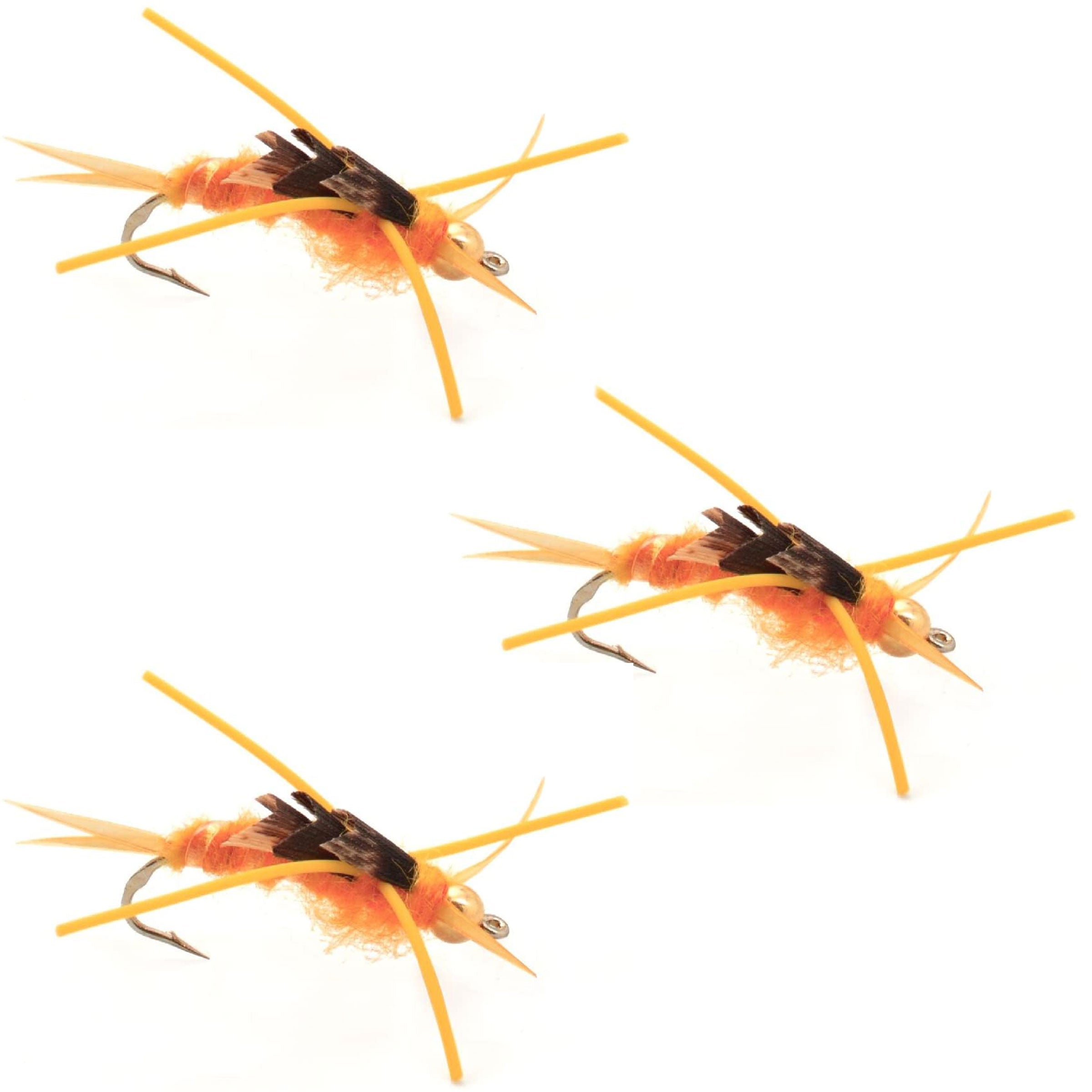 Paquete de 3 moscas Kaufmann's Golden Stone con cuentas doradas y patas de goma - Mosca húmeda Stonefly - Anzuelo tamaño 8