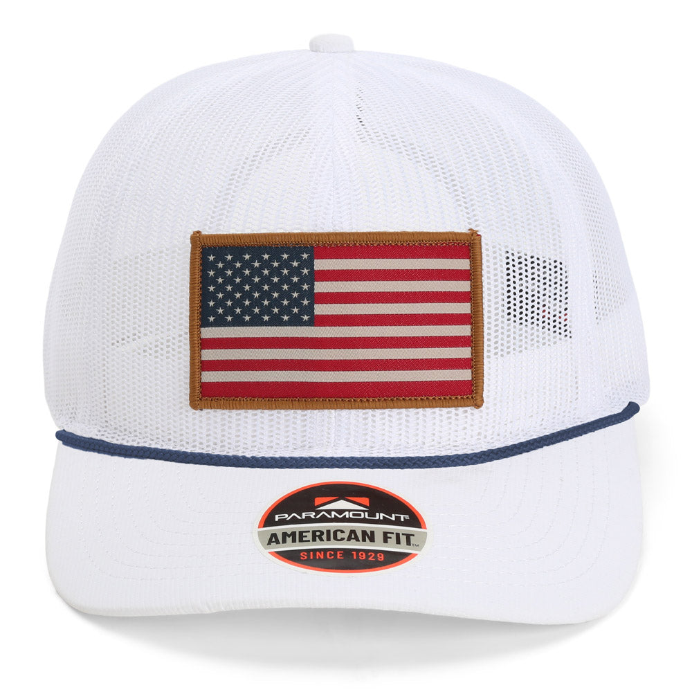 Gorra vintage con bandera americana de malla completa y cuerda.