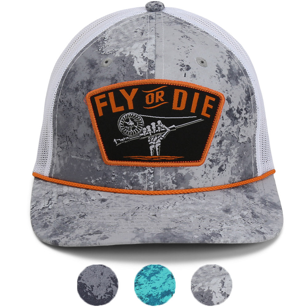Casquette Fly or Die pour la pêche à la mouche avec filet et dos en corde