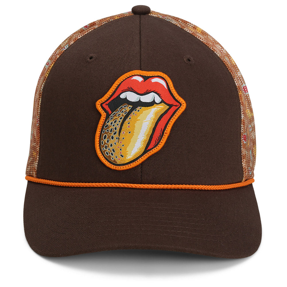 Parche para gorra de pesca con mosca "Lengua de Trucha", parte trasera de malla y cuerda.