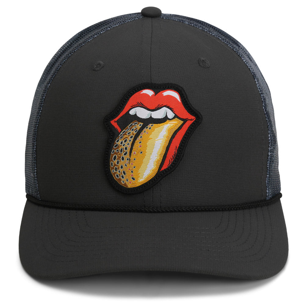 Parche para gorra de pesca con mosca "Lengua de Trucha", parte trasera de malla y cuerda.