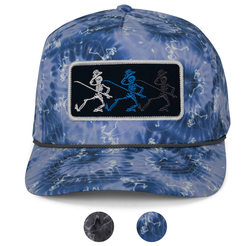 Casquette de camionneur tie-dye à motif squelettes dansants et pêche à la mouche