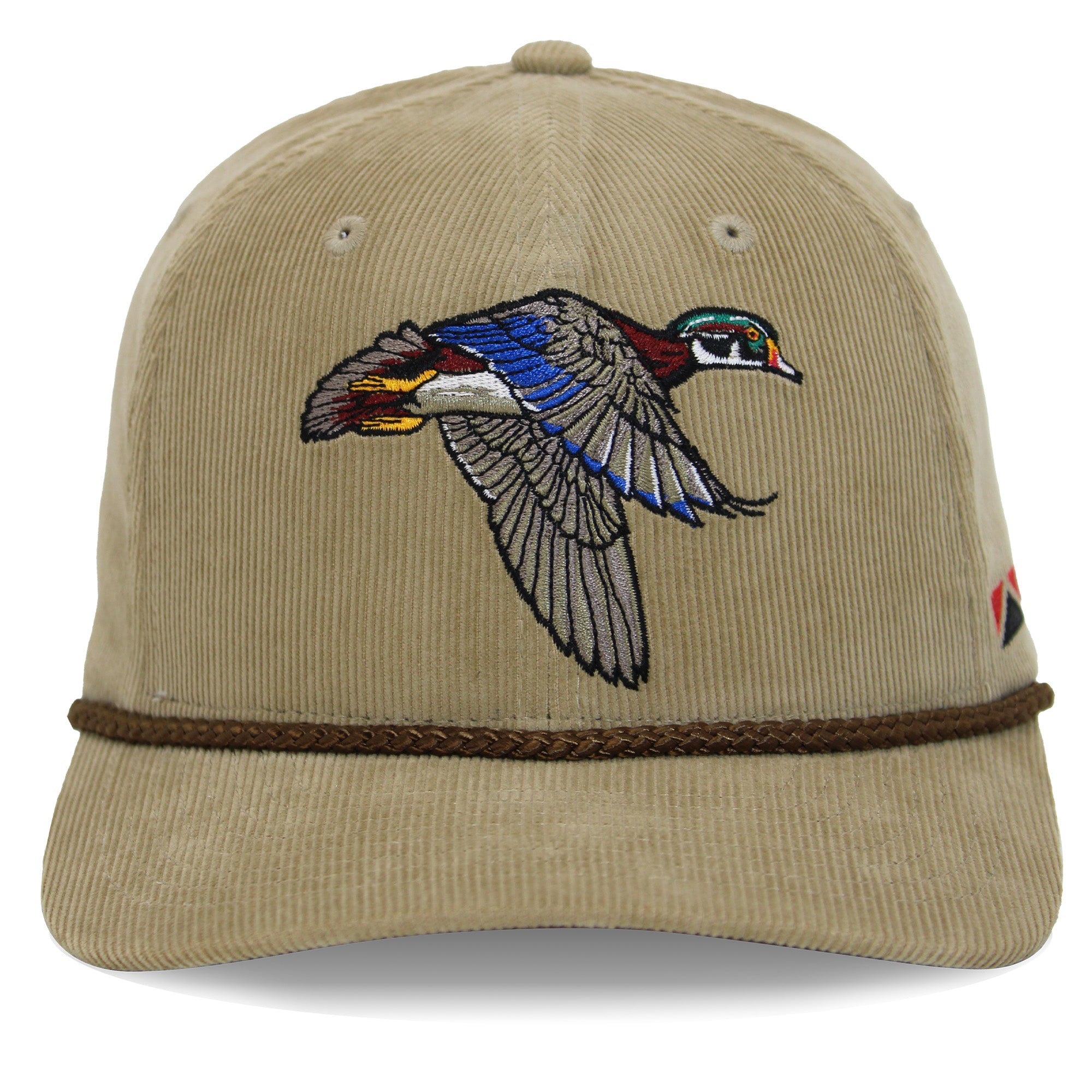Gorra de alto rendimiento de pana con diseño de pato de madera y seis paneles.