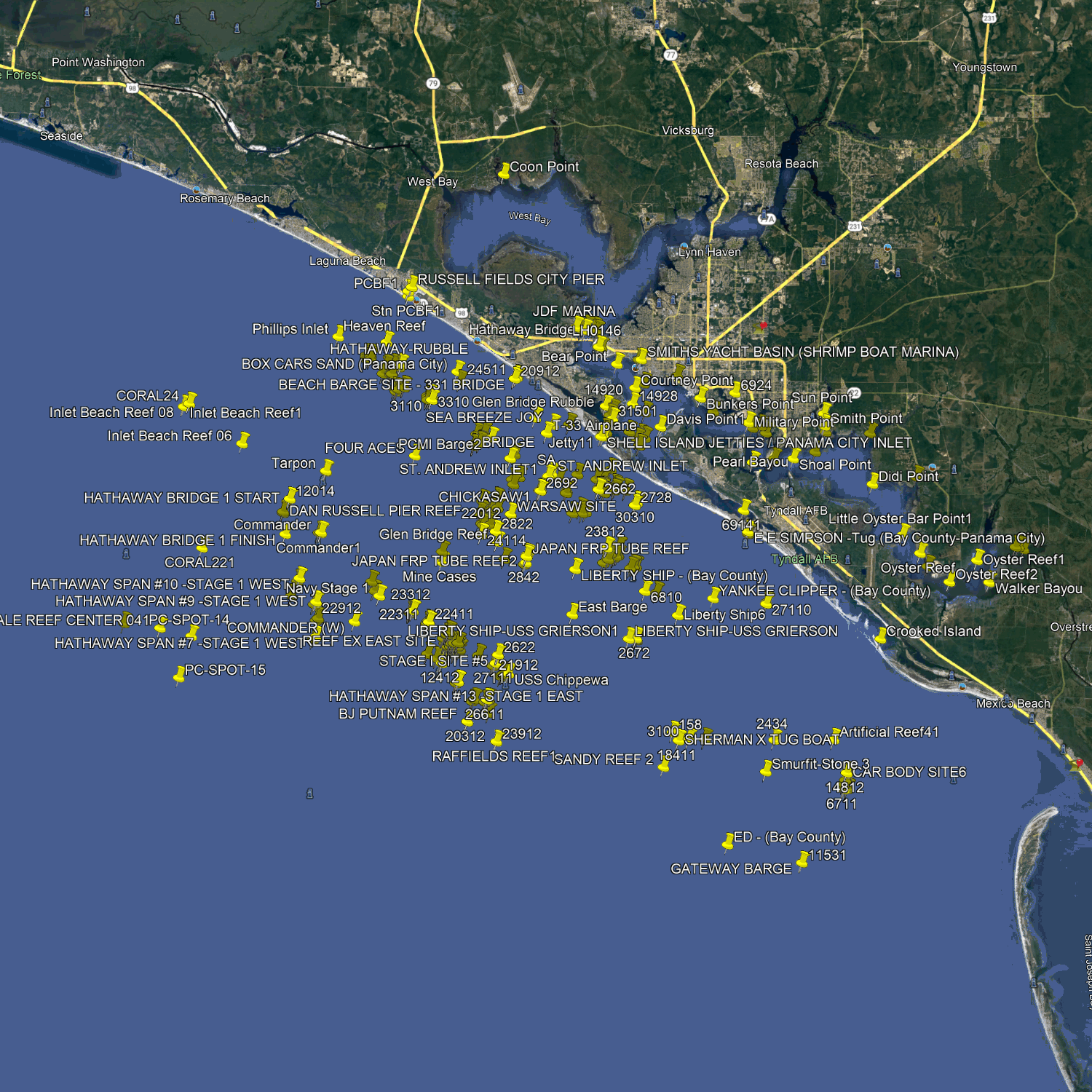 Lieux de pêche à Panama City Beach - Nombre de pêcheurs près des côtes