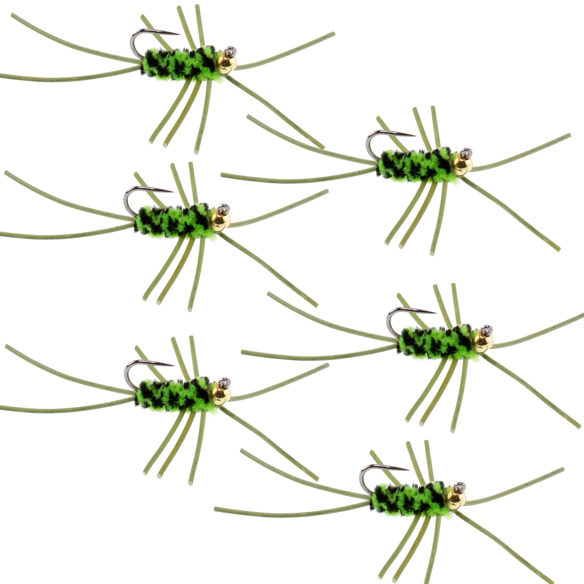 Barbless Pat's Rubber Legs Tungsten Bead Jigged Black/Chartreuse Euro Nymph - Set of 6 Flies Hook Size 10