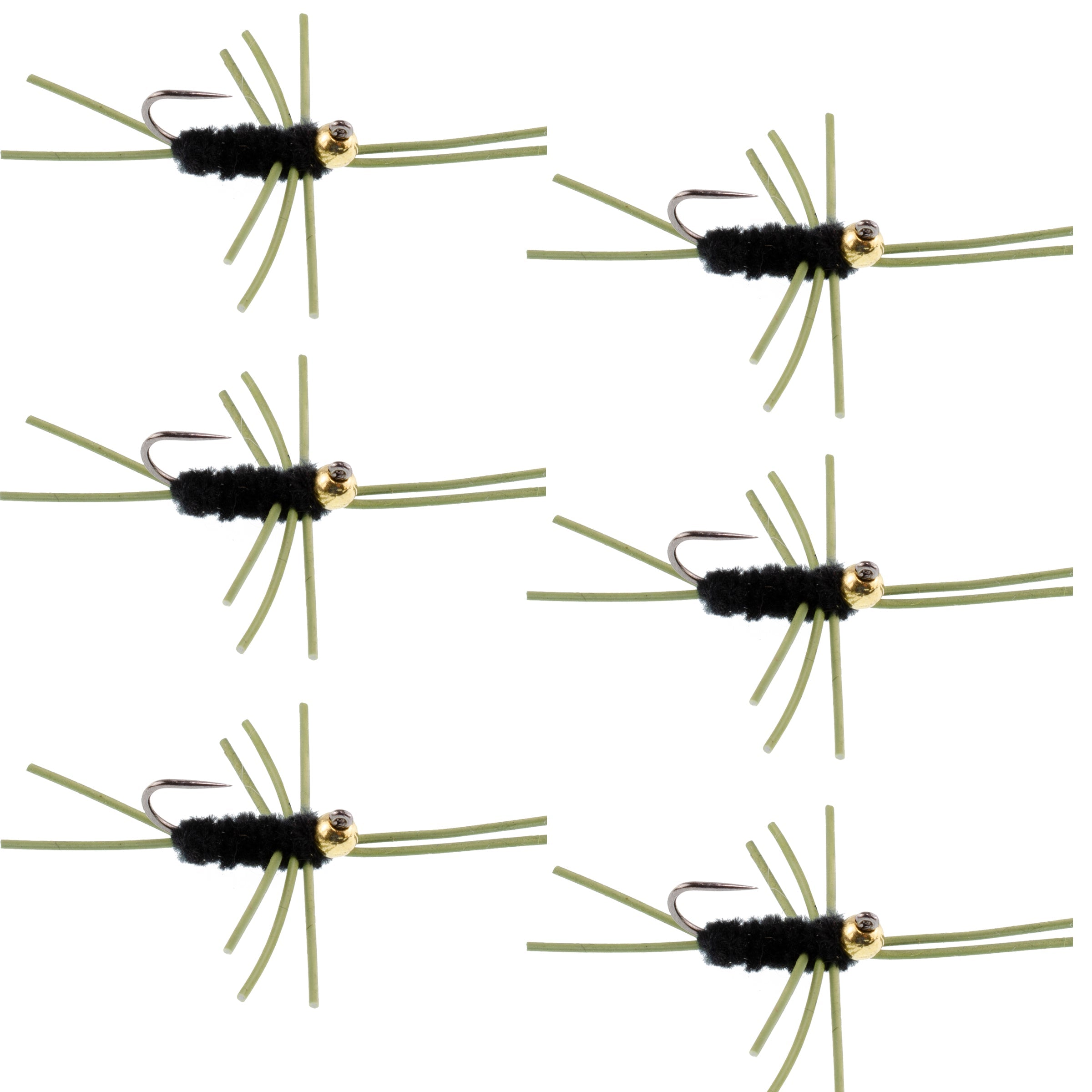 Ninfa europea negra sin rebaba Pat's Rubber Legs con cuentas de tungsteno - Juego de 6 moscas, anzuelo tamaño 10