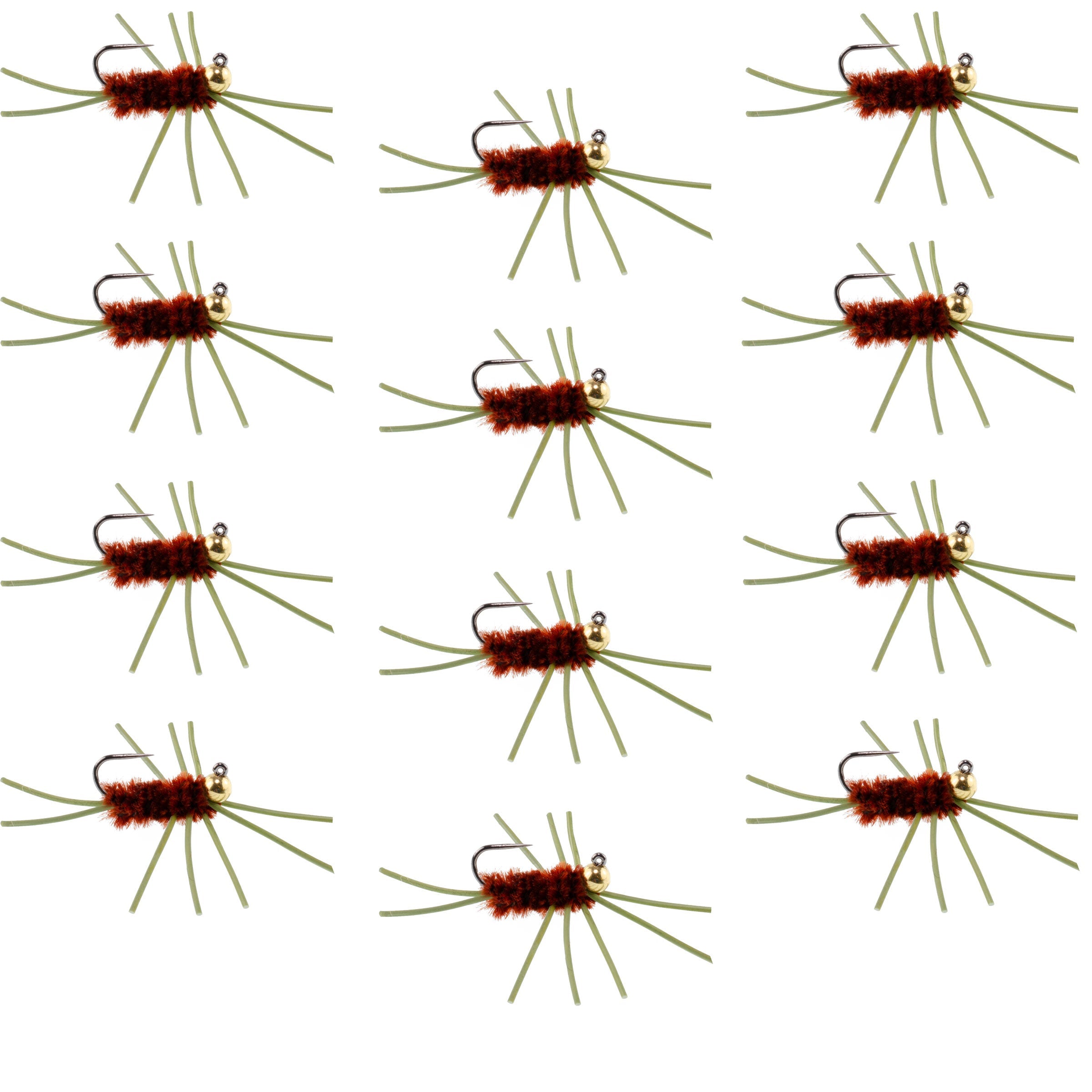 Ninfa europea marrón sin púas Pat's Rubber Legs con cuentas de tungsteno - Juego de 12 moscas, tamaño de anzuelo 10