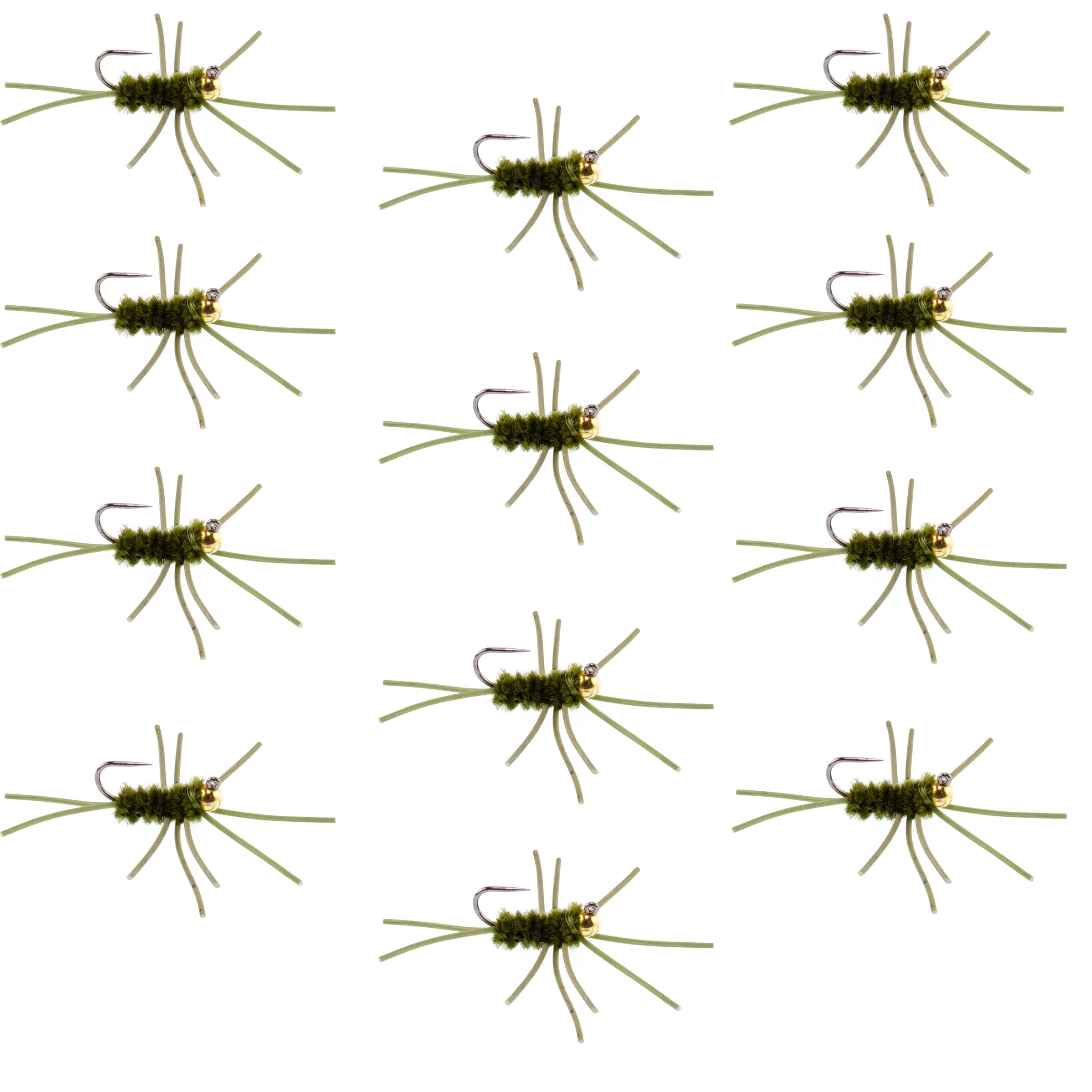 Ninfa europea sin púas Pat's Rubber Legs con cuentas de tungsteno, color oliva oscuro - Juego de 12 moscas, tamaño de anzuelo 10