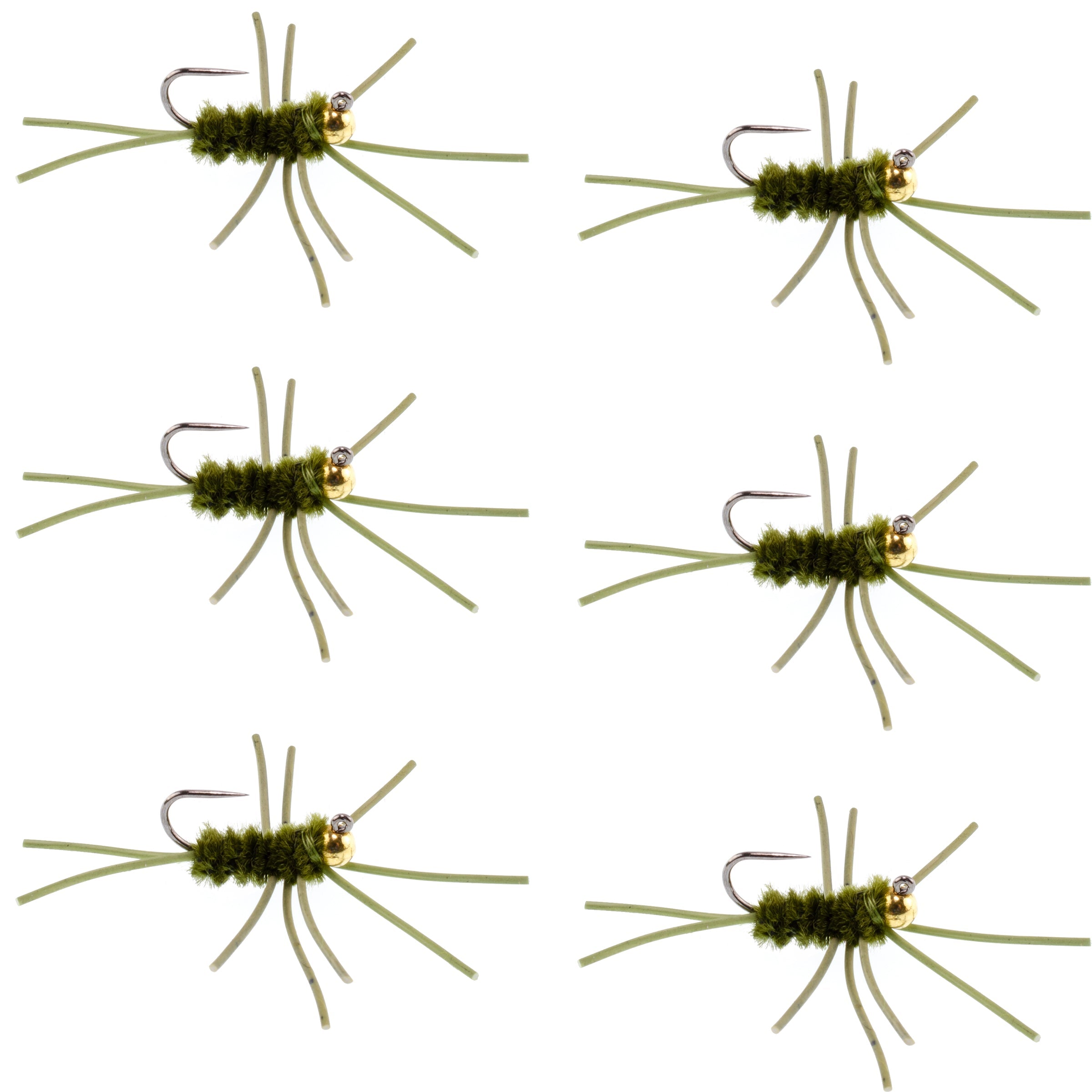 Ninfa europea sin púas Pat's Rubber Legs con cuentas de tungsteno, color oliva oscuro - Juego de 6 moscas, tamaño de anzuelo 10
