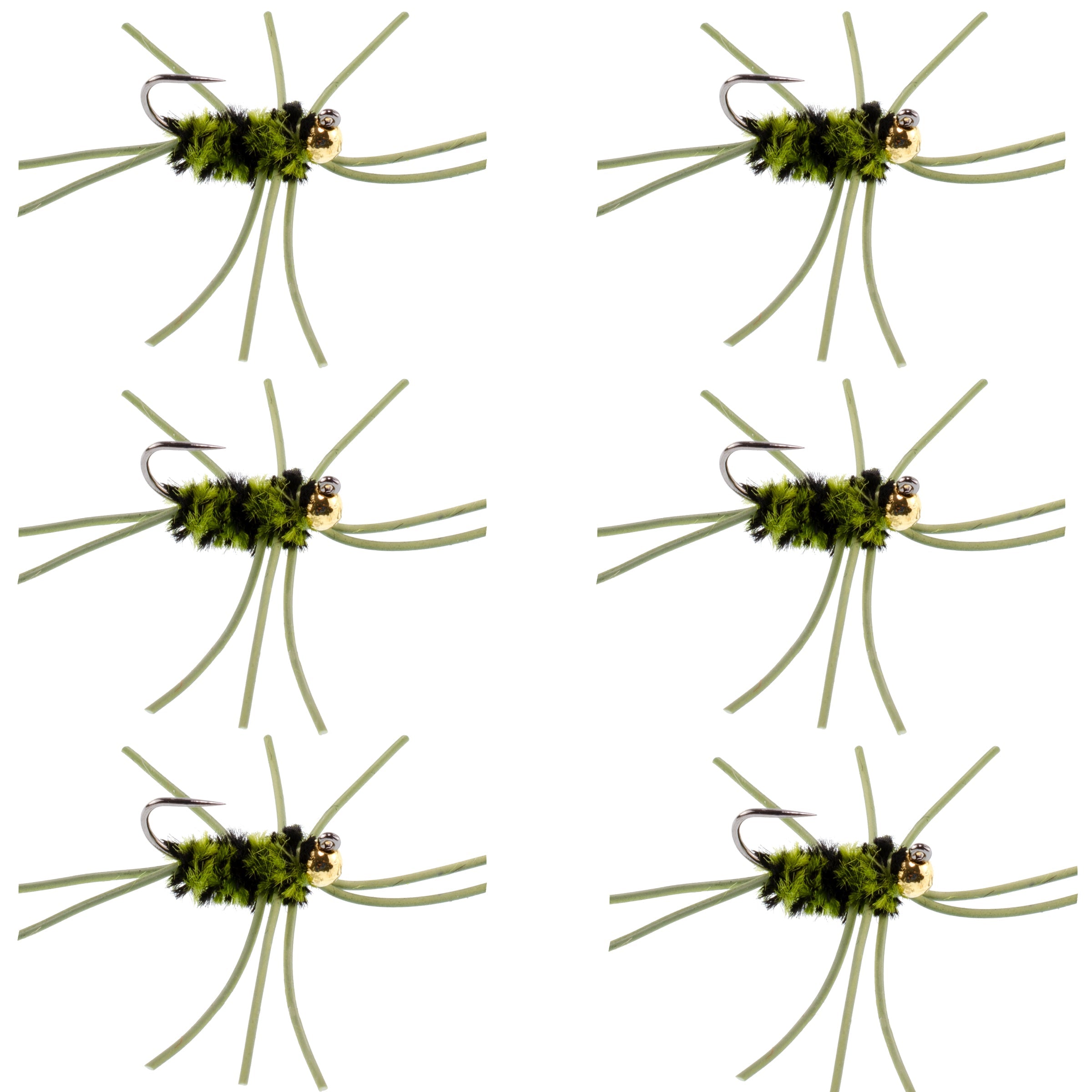 Barbless Pat's Rubber Legs Tungsten Bead Jigged Olive/Black Euro Nymph - Set of 6 Flies Hook Size 10