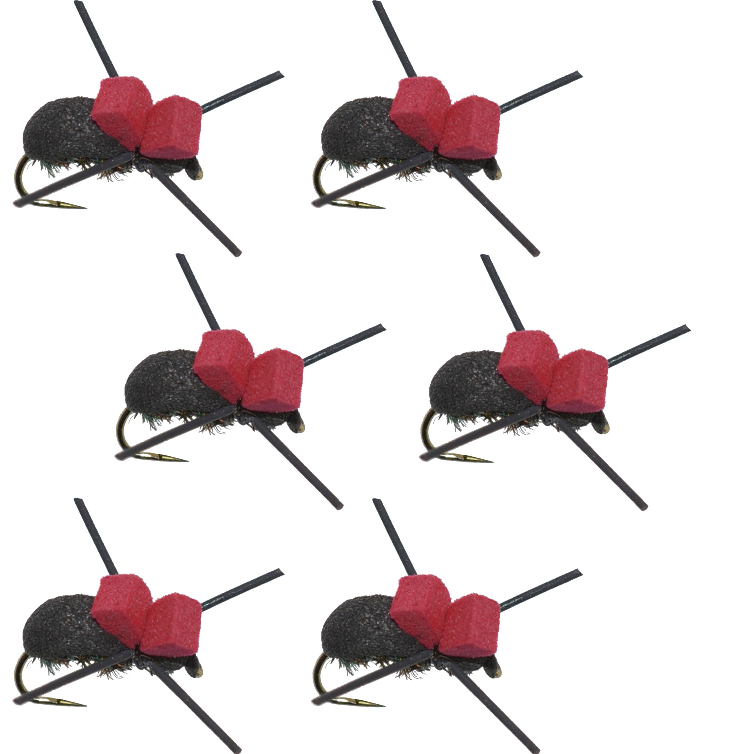 Moscas secas para pesca con mosca de trucha terrestre, sin púas, de espuma negra y punta roja (6 moscas, tamaño 14)