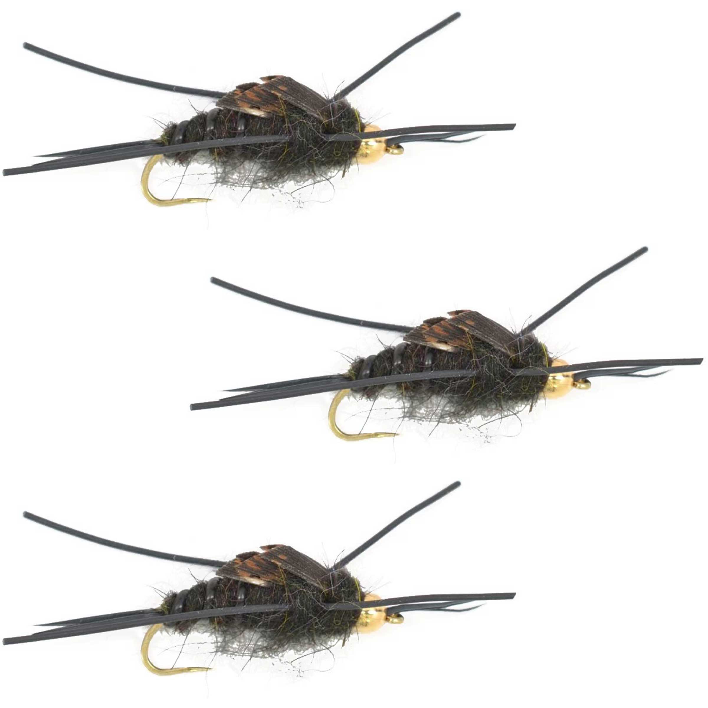 Paquete de 3 moscas Kaufmann's Black Stone sin púas, con cuentas doradas y patas de goma - Mosca húmeda Stonefly - Anzuelo tamaño 12