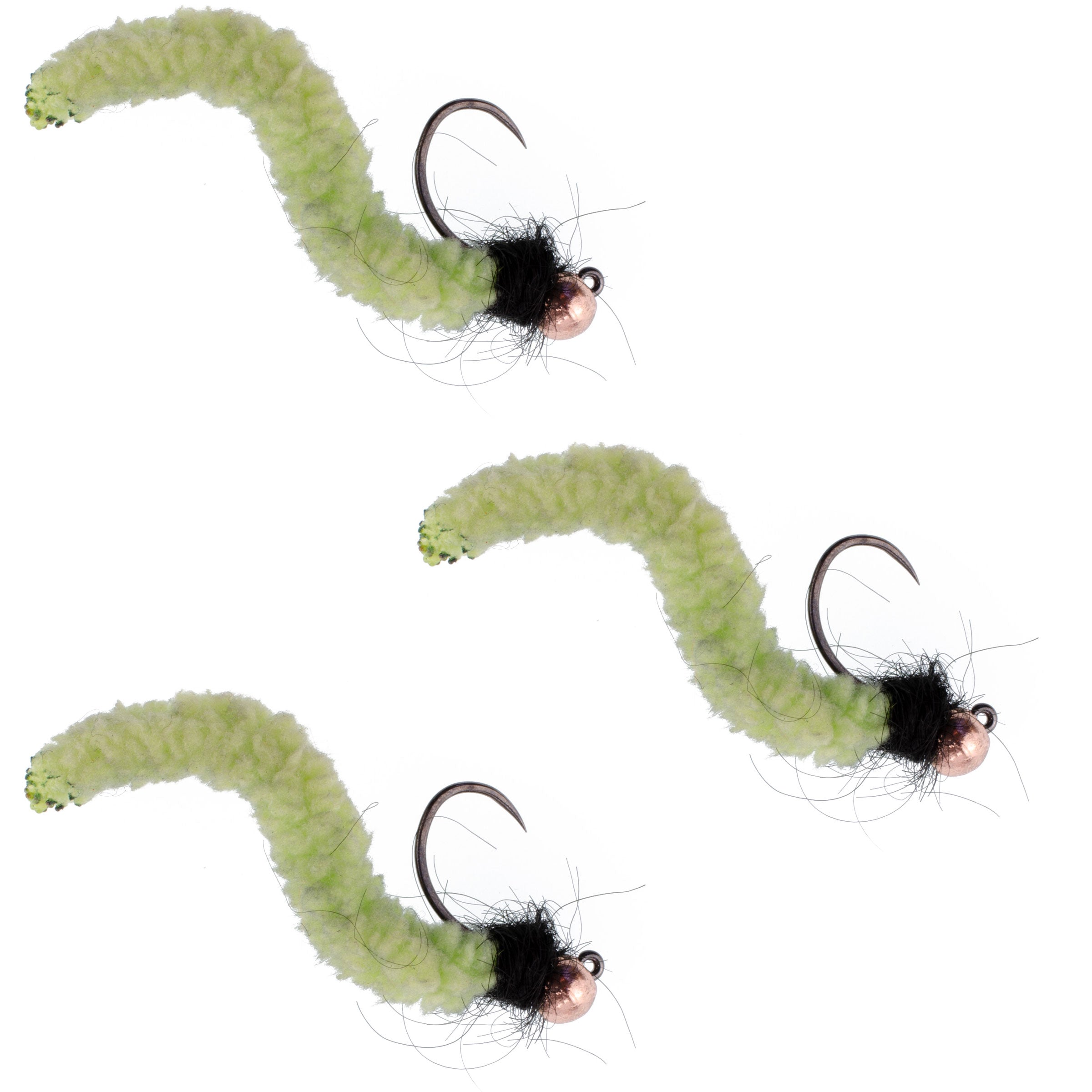 Jig táctico para moscas de ninfa checa sin rebaba, paquete de 3, con cuentas de tungsteno, color chartreuse, con gusanos, tamaño 12