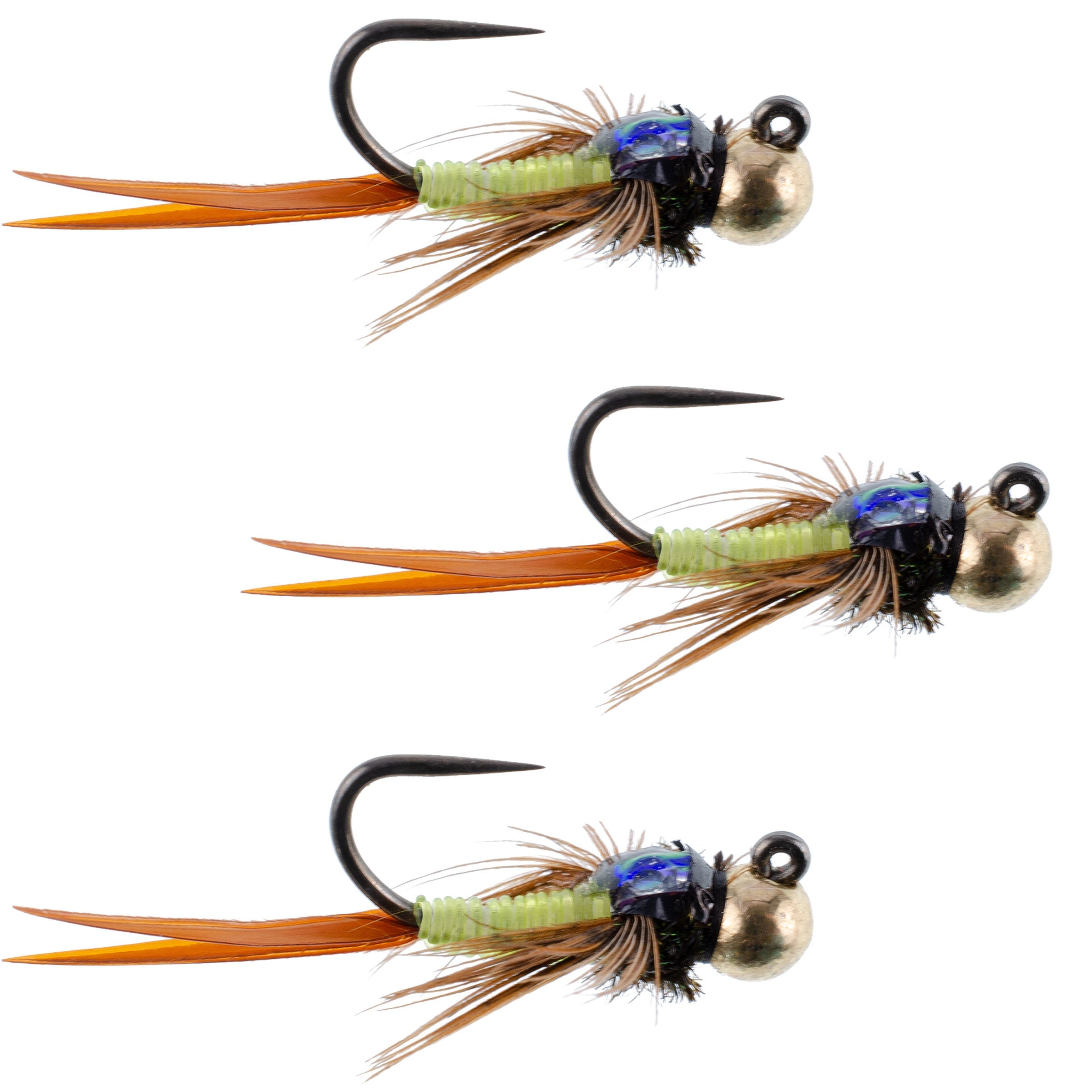 Jig táctico de cuentas de tungsteno, paquete de 3, color cobre John Chartreuse, ninfa checa, mosca para ninfa europea, talla 12