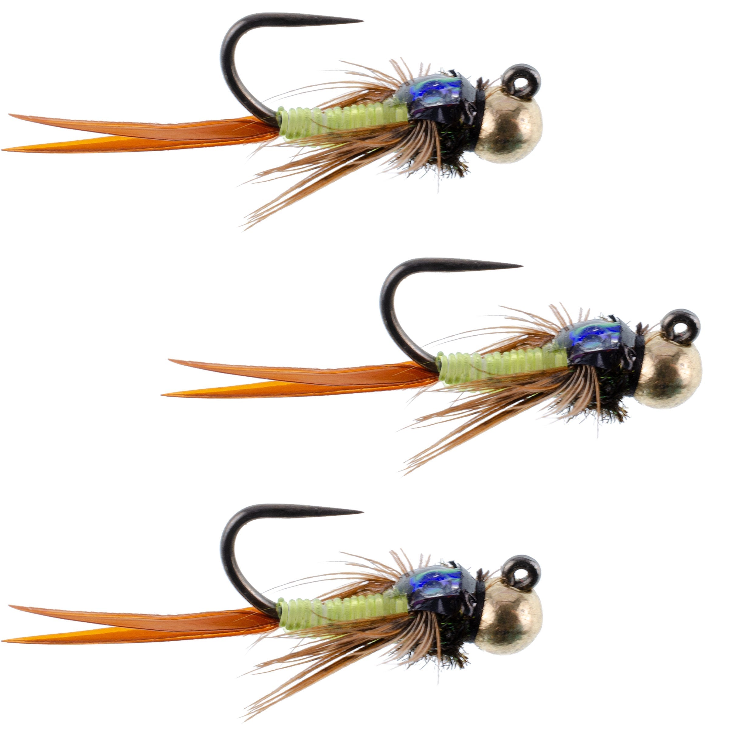 Jig táctico de cuentas de tungsteno, paquete de 3, color cobre John Chartreuse, ninfa checa, mosca para ninfa europea, talla 16
