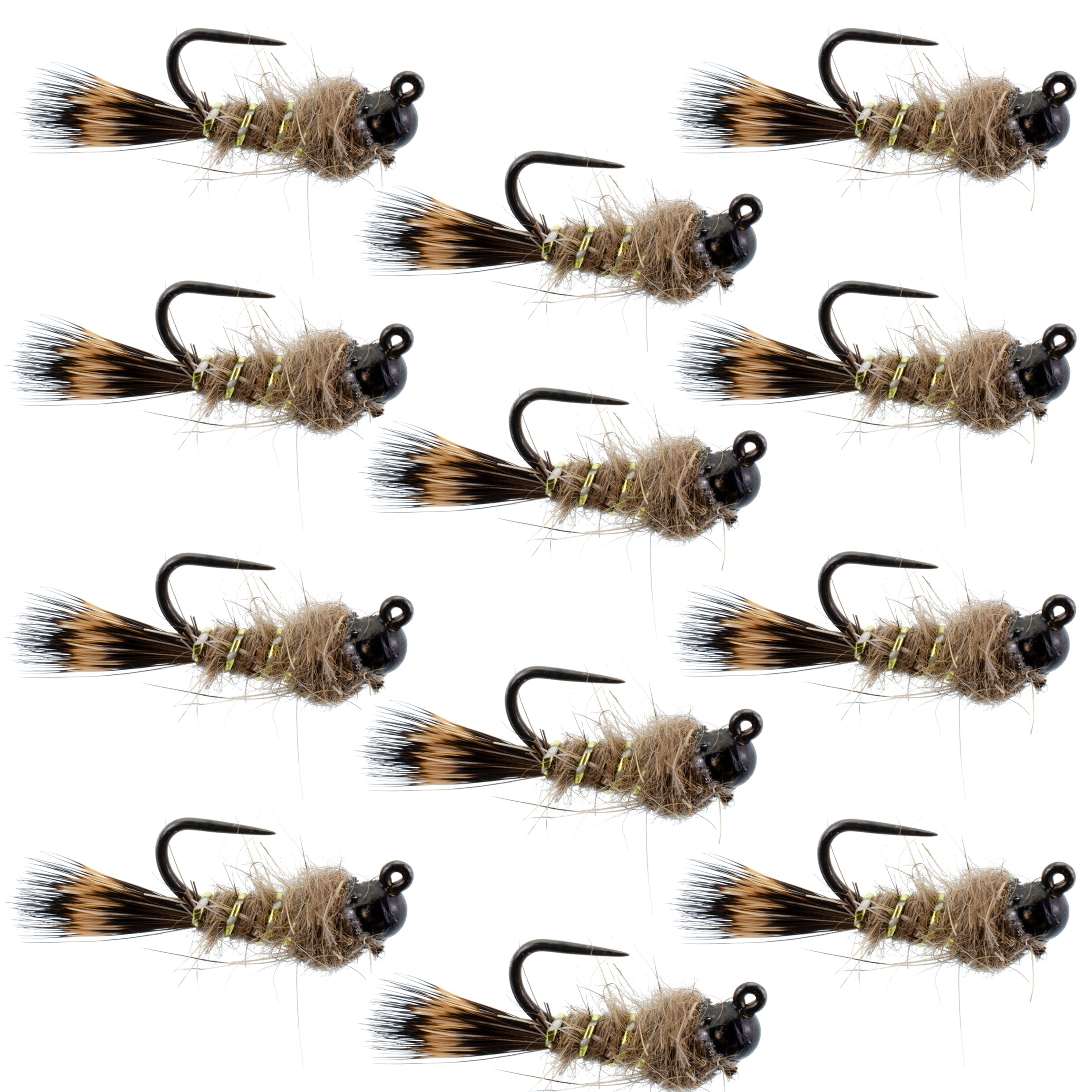 Black Tungsten Bead Tactical Hares Ear Czech Nymph Euro Nymphing Fly - 1 Dozen Flies Size 14